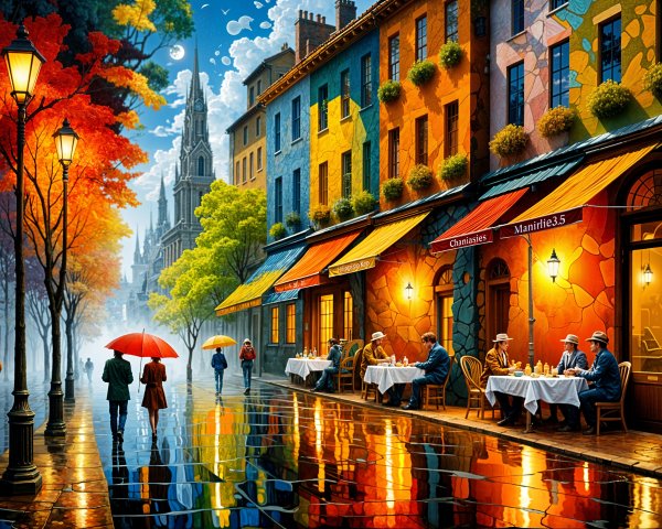 Colorful Street Scene with Autumn Foliage and Cathedral