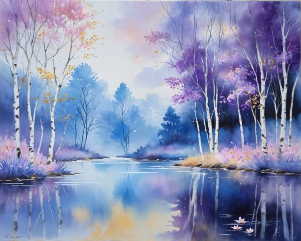 Tranquil River Landscape with Birch Trees and Mist