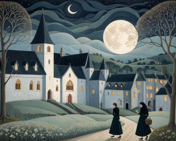 Nighttime Scene of Women Walking to Quaint Village