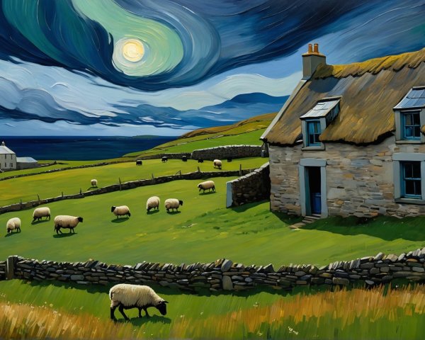 Tranquil Rural Scene with Cottage and Grazing Sheep