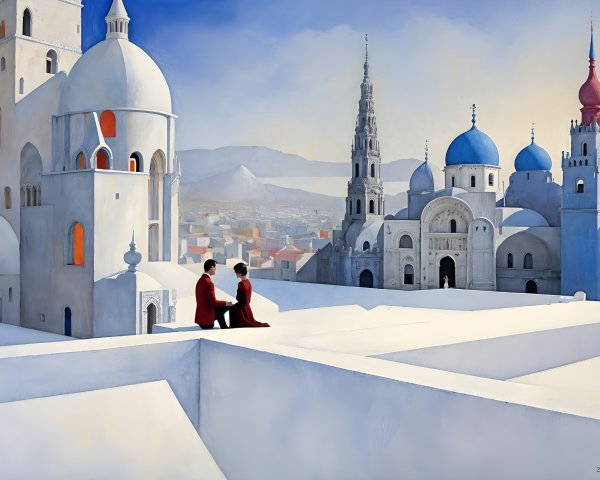 Dreamlike Landscape with Figures on White Rooftop