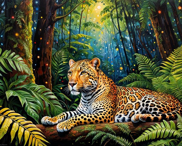 Majestic leopard resting on tree trunk in lush jungle