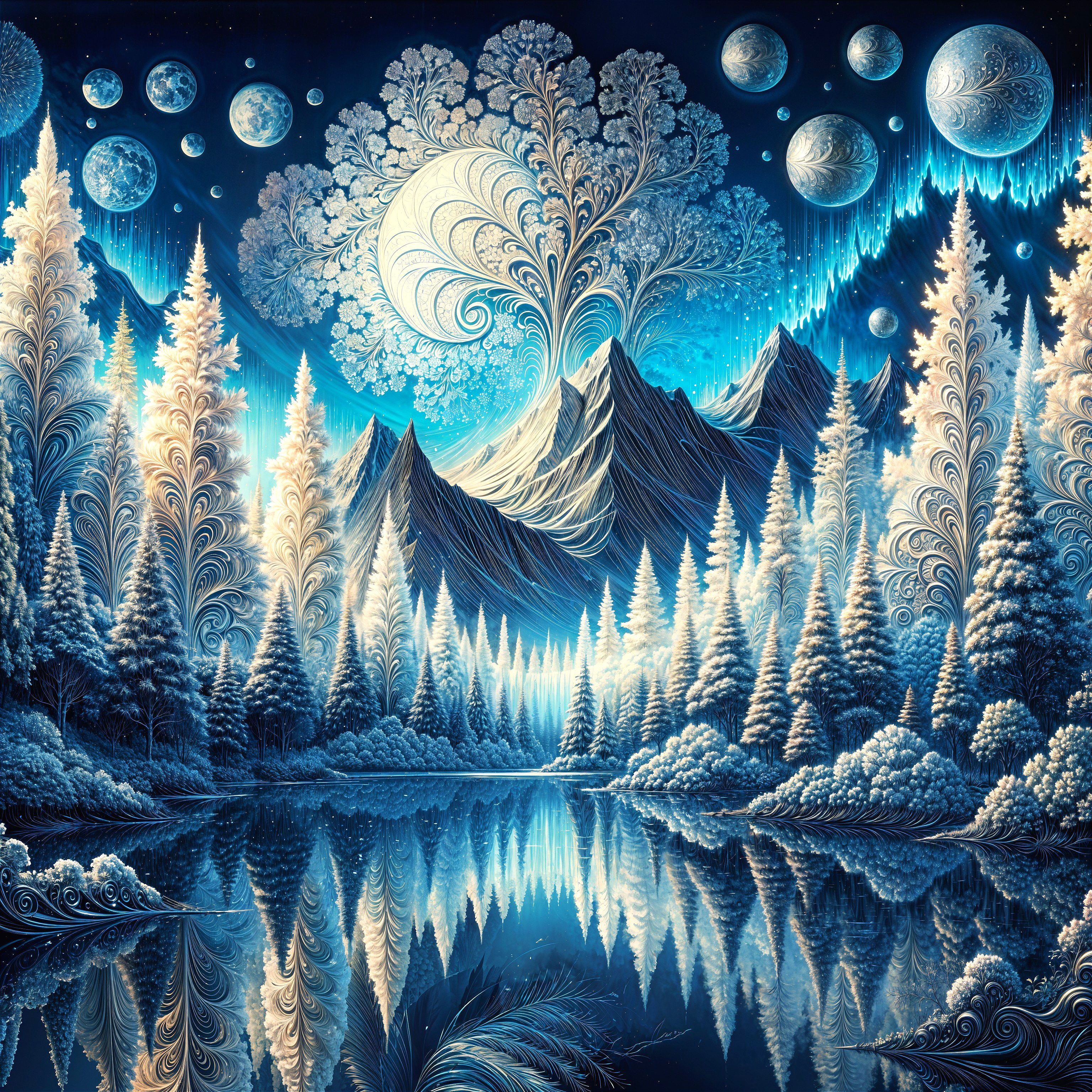 Surreal Landscape with Mountains and Celestial Bodies