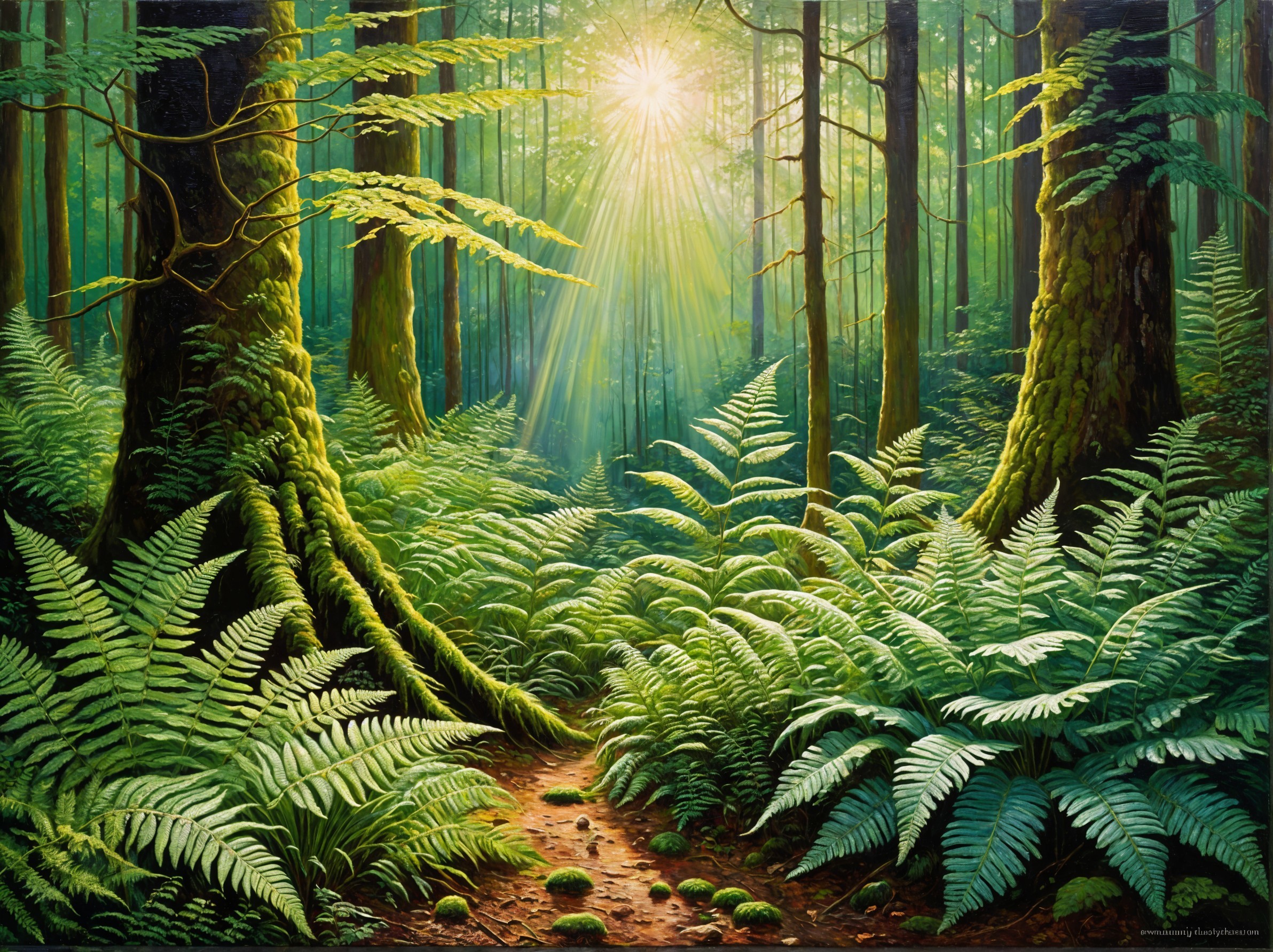 Vibrant Forest Scene with Lush Foliage and Sunlight