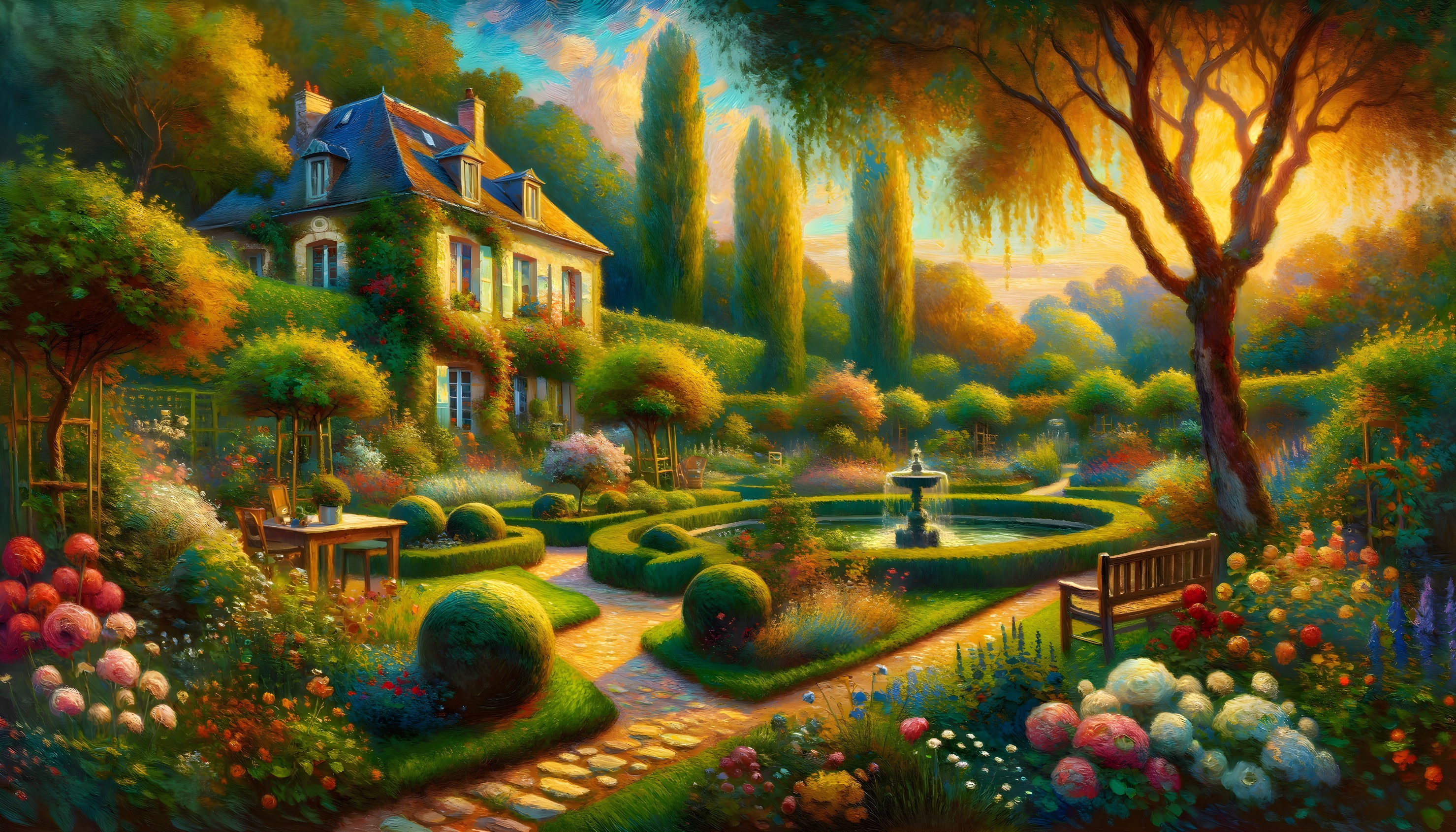 Vibrant garden with lush greenery and colorful flowers around a quaint house