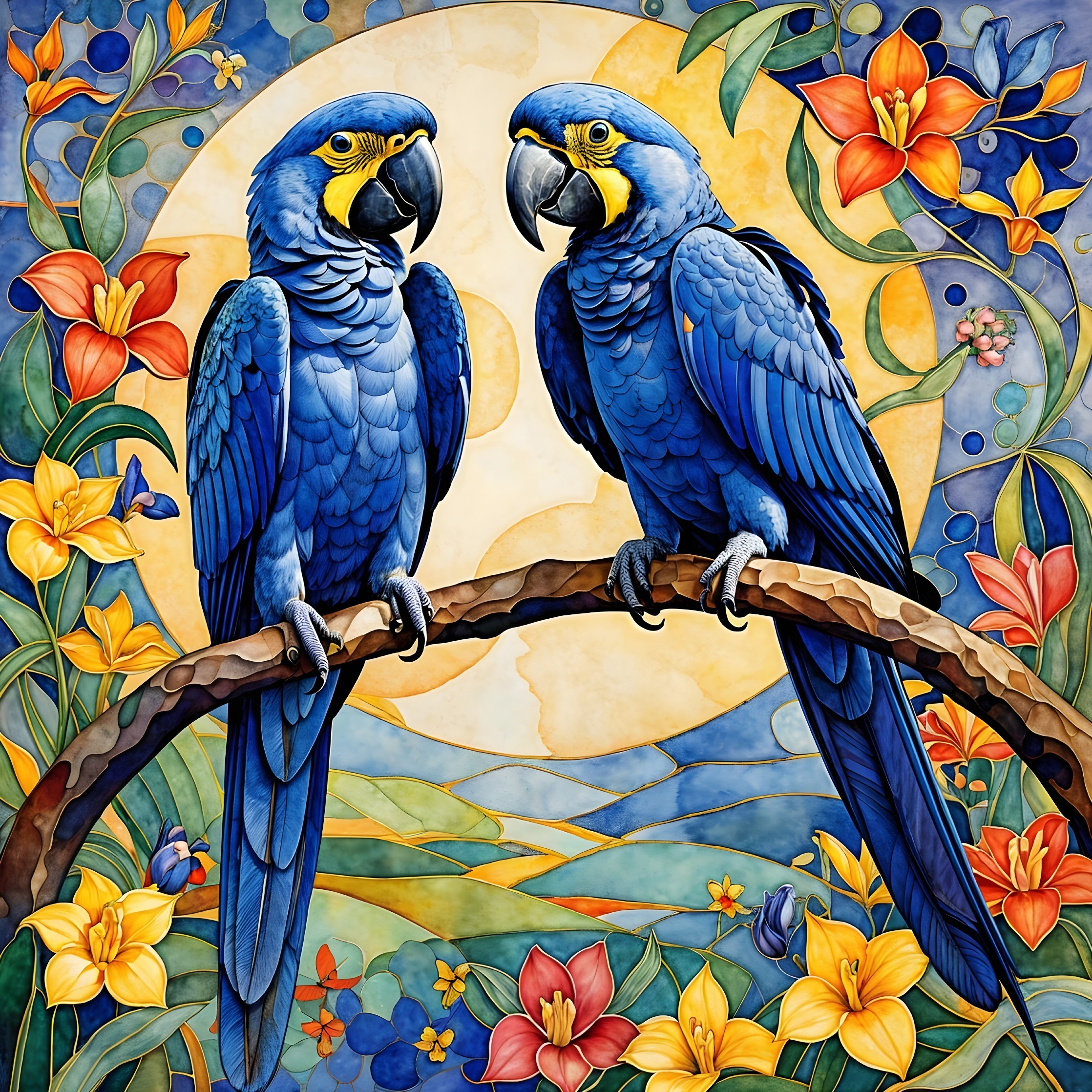 Vibrant Blue Macaws in a Colorful Floral Scene