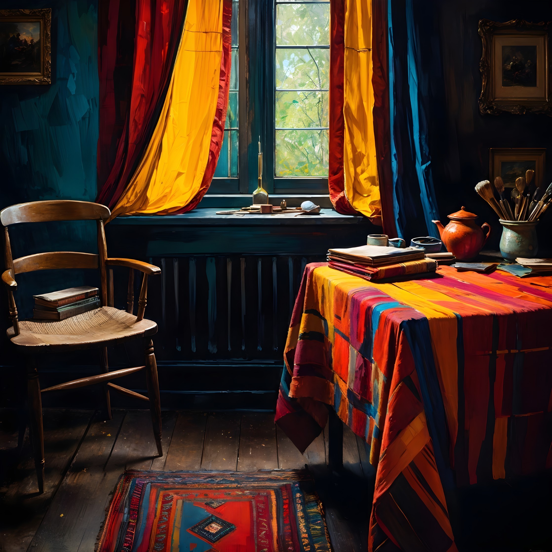 Cozy Room with Vibrant Curtains and Art Supplies