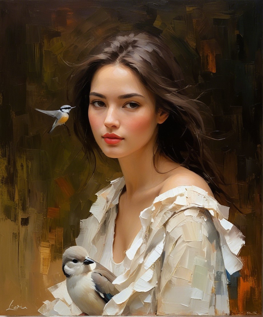Young Woman with Birds in Serene Natural Setting
