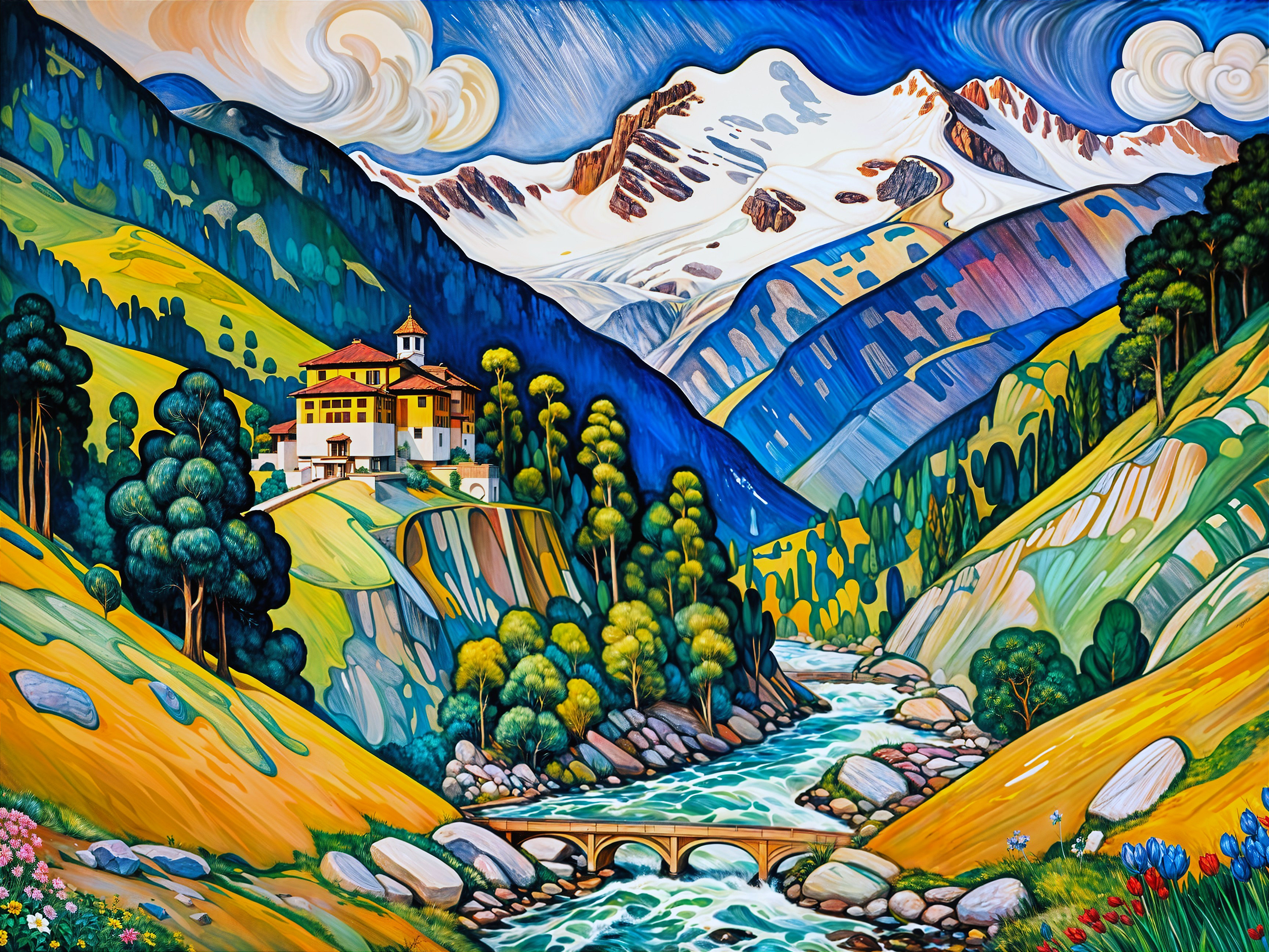 Vibrant Landscape Painting of Mountain Scene and River