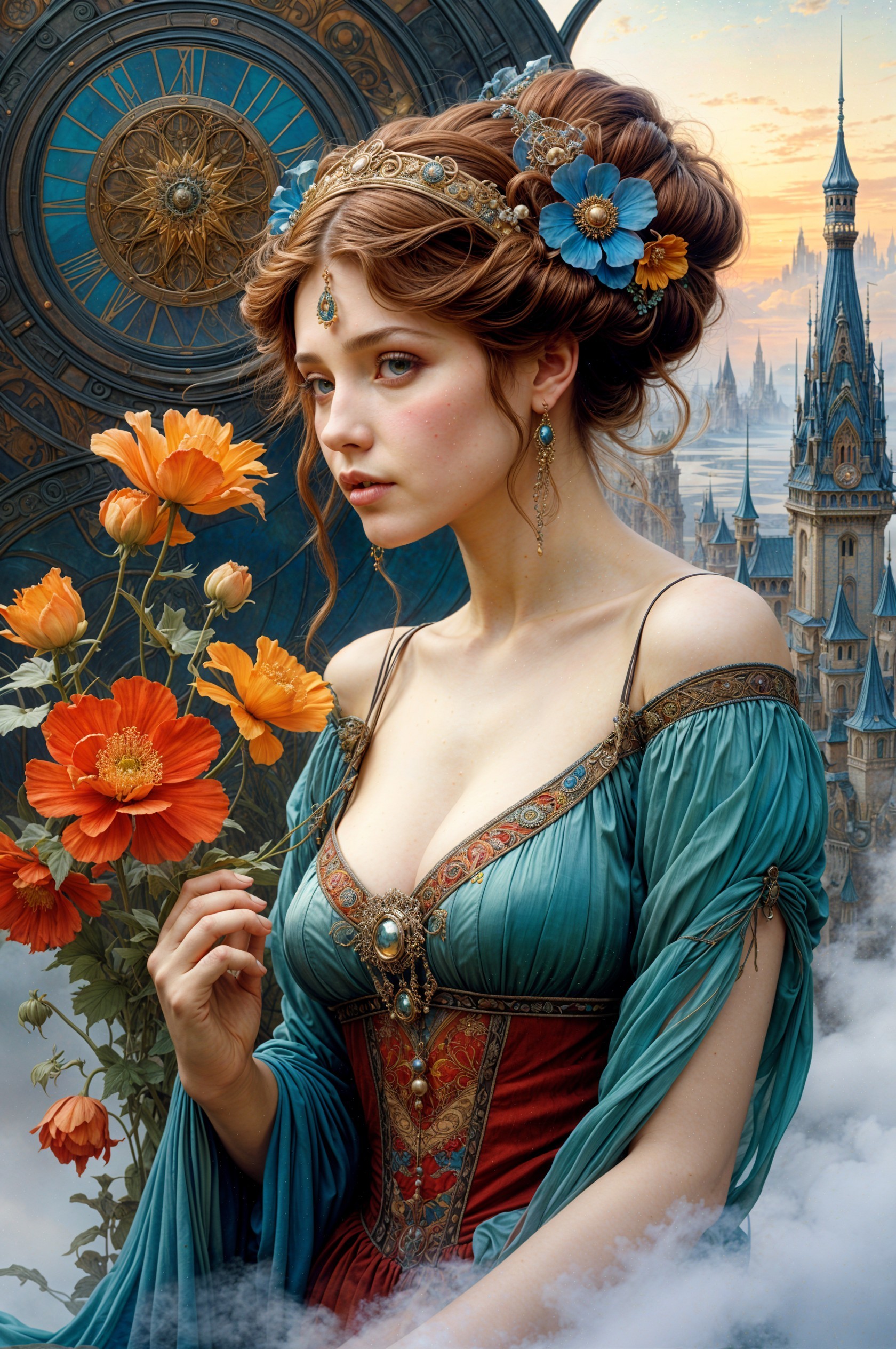 Elegant Woman in Ornate Gown Surrounded by Flowers