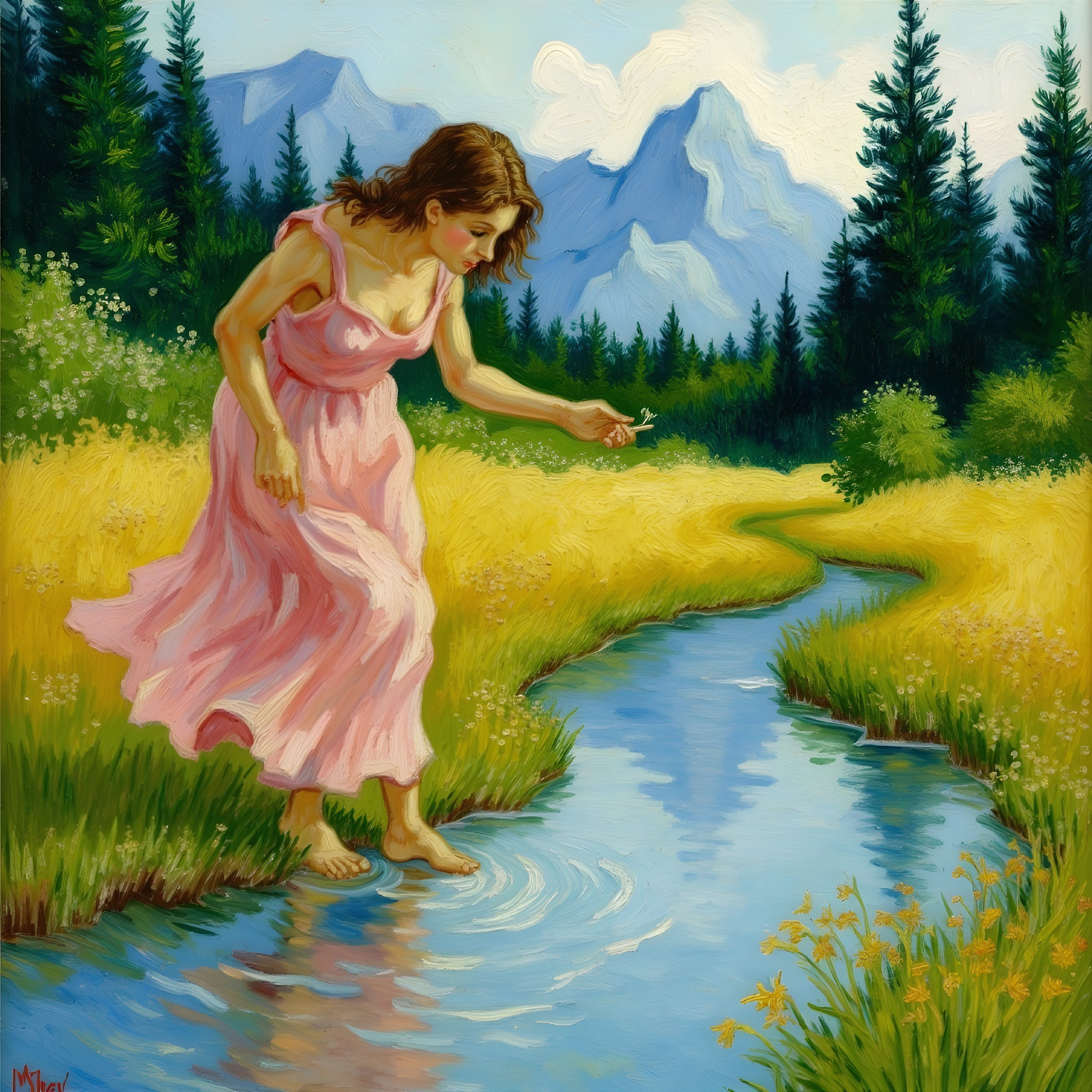 Young Woman by Stream in Pink Dress and Mountains