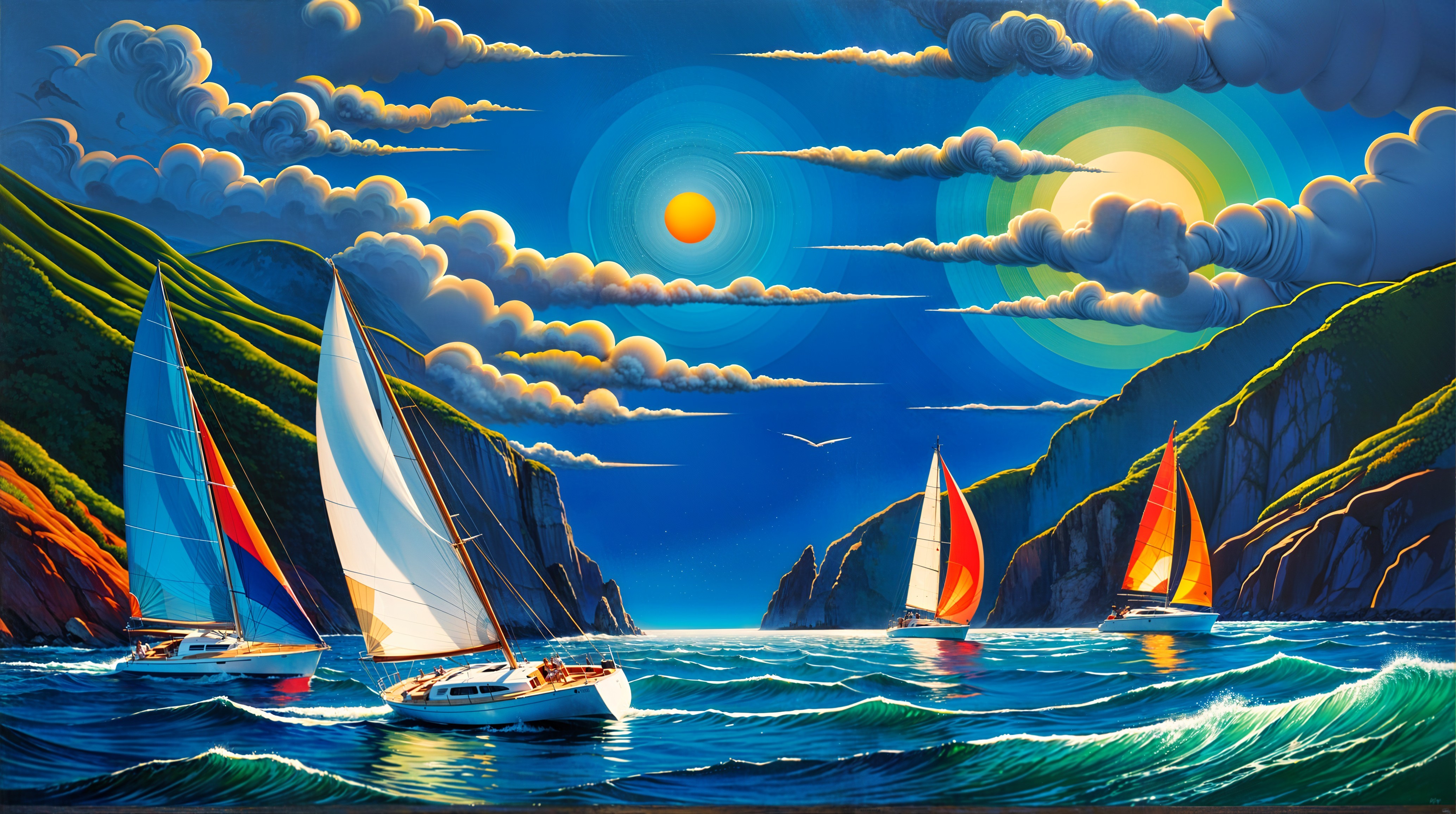 Sailing Boats in Vibrant Blue Waters and Green Hills