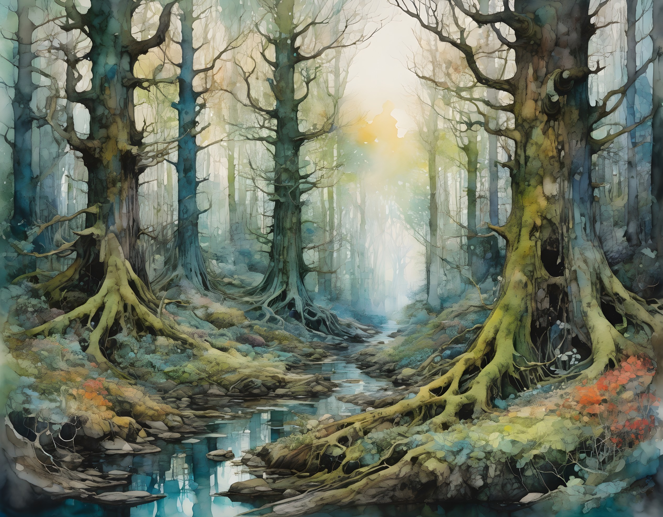 Vividly colored mystical forest with small stream and soft light