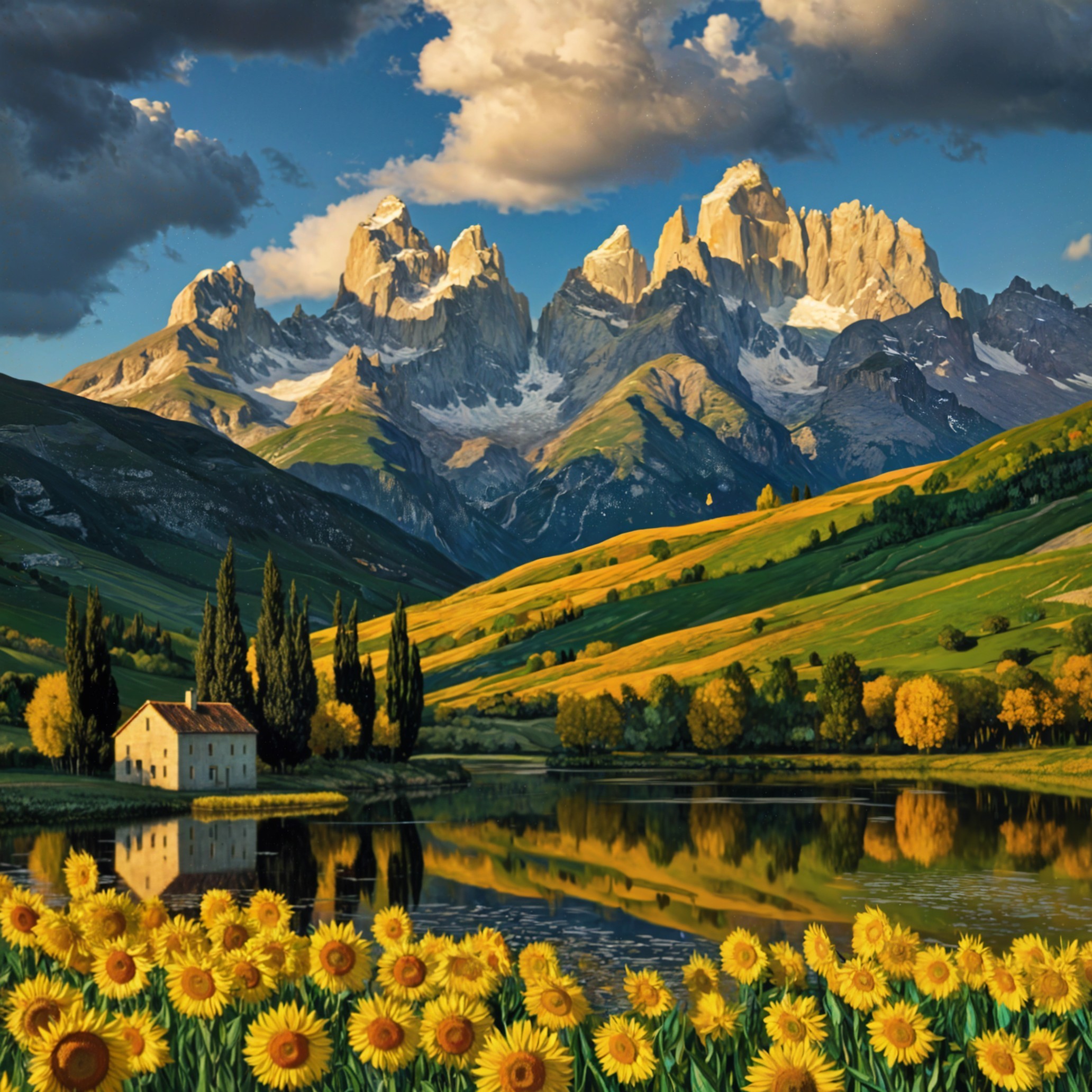 Serene landscape with house by tranquil lake and mountains