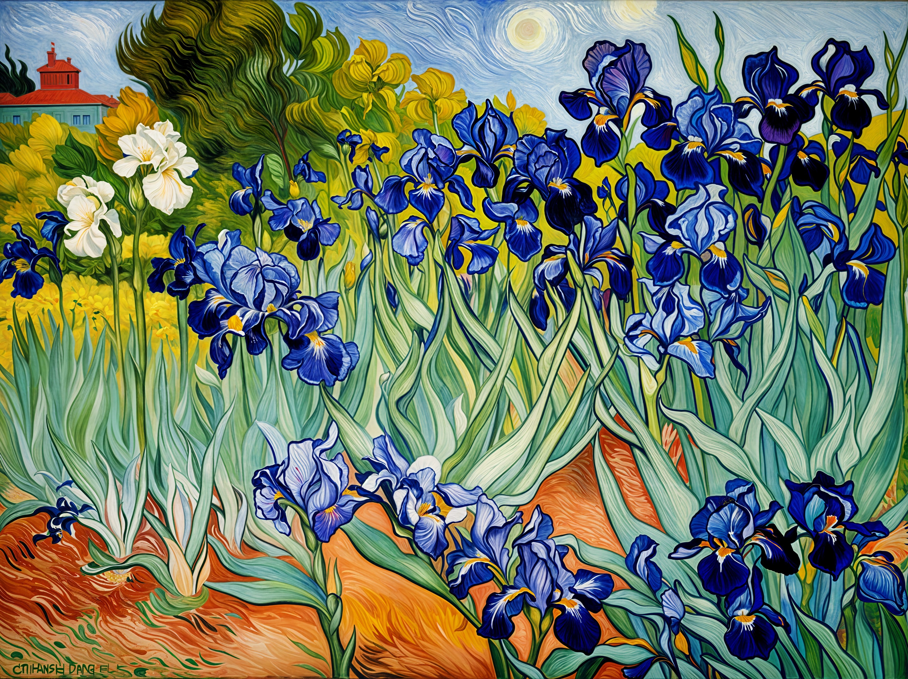 Vibrant Garden Scene with Blue Irises and White Blooms