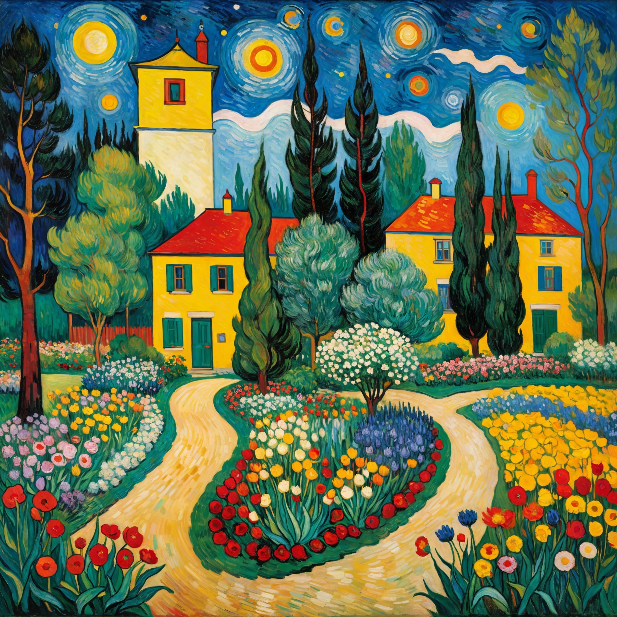 Vibrant Landscape with Yellow Houses and Blooming Flowers