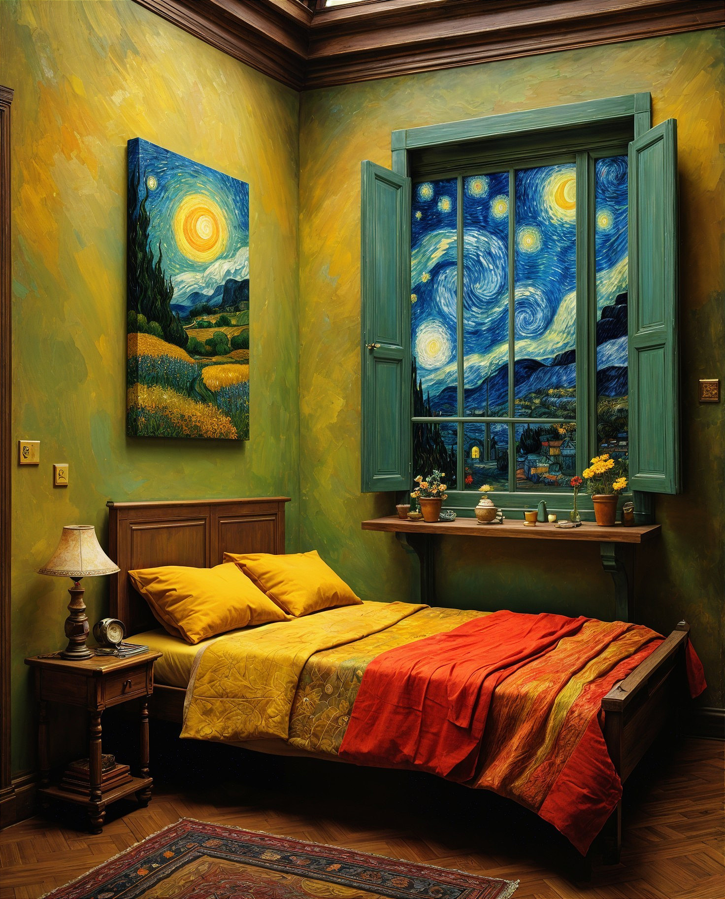 Cozy Bedroom with Yellow and Green Walls and Plants