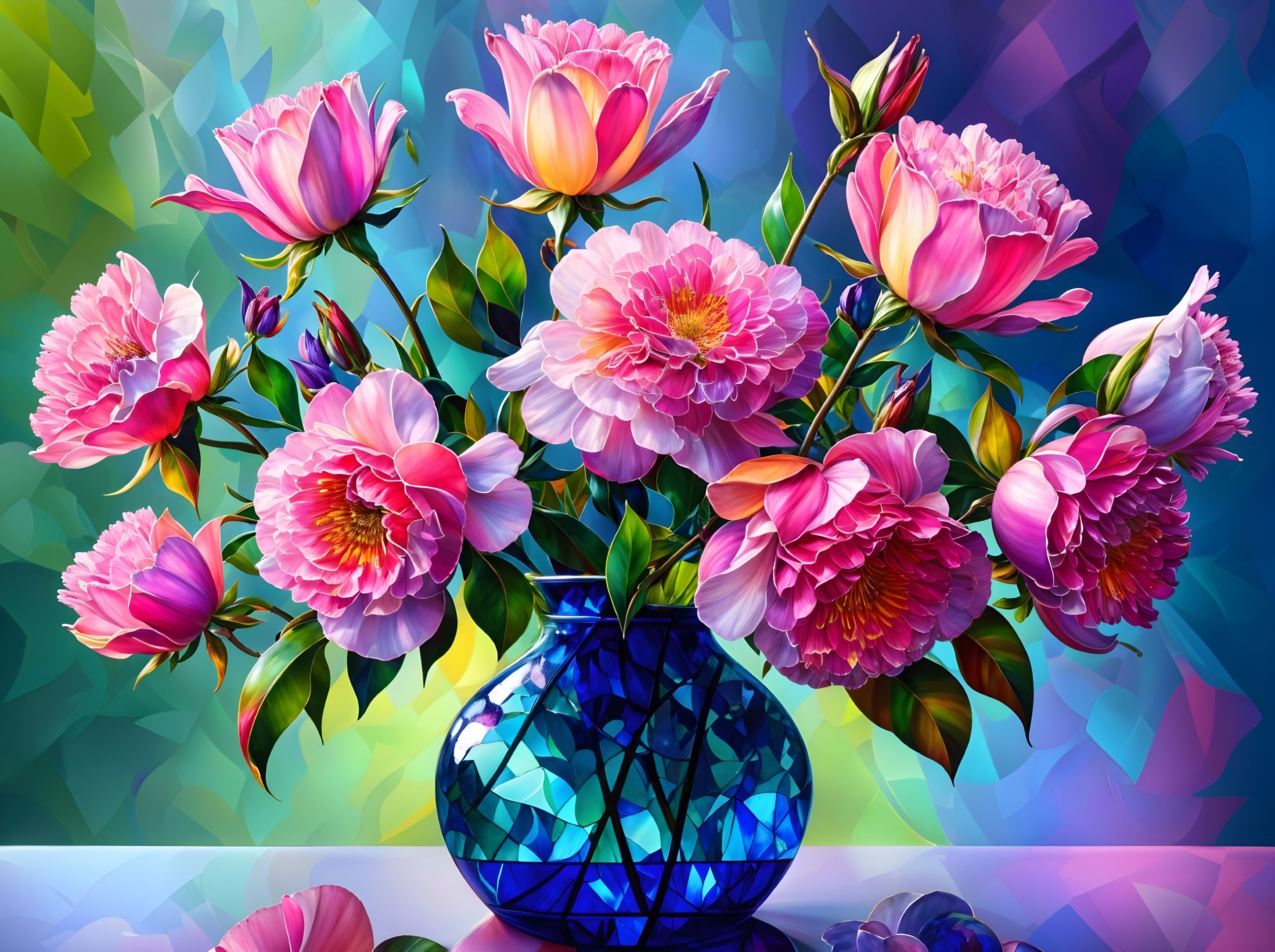 Vibrant Peonies in Blue Vase with Colorful Background