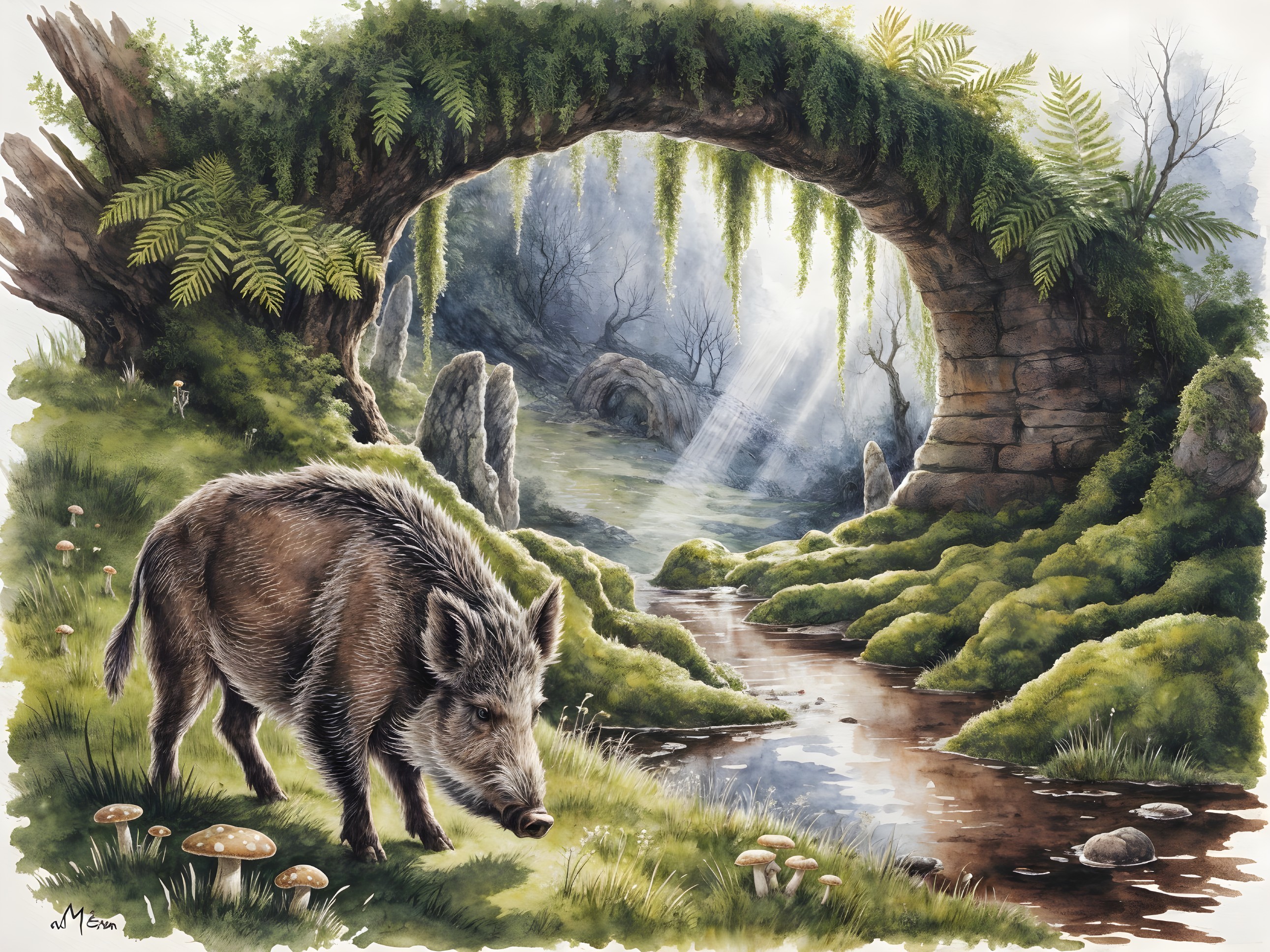 Serene Forest Scene with Wild Boar and Stream