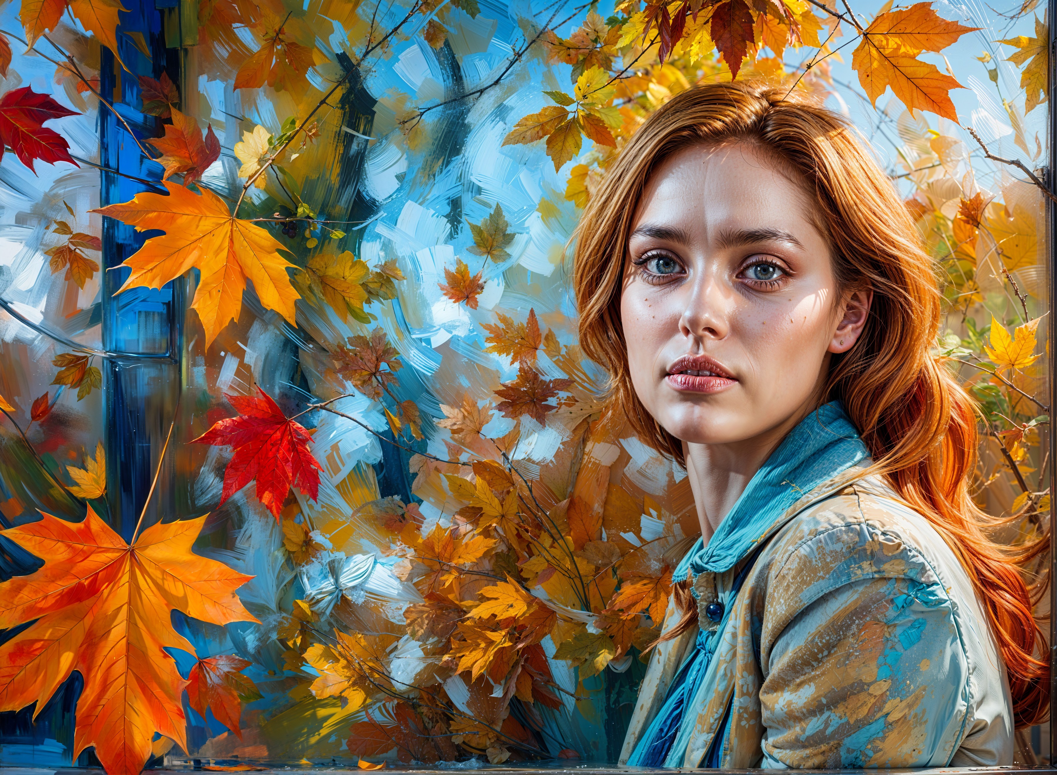 Young Woman in Denim Surrounded by Autumn Leaves