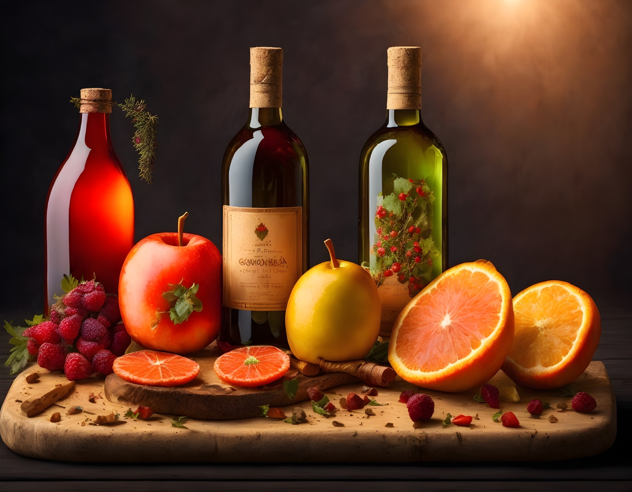 Rustic Wine Bottles with Fresh Fruits and Greenery