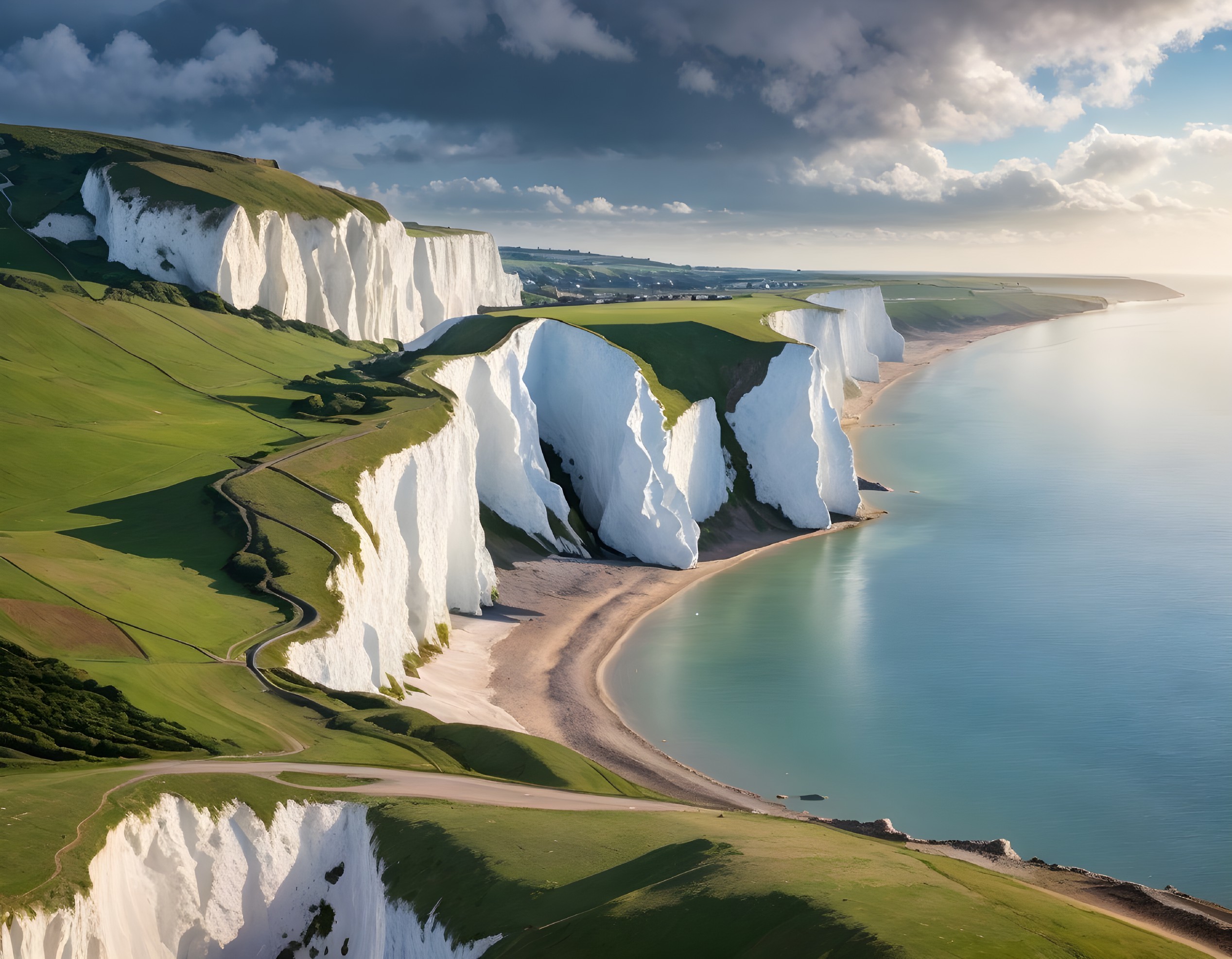 White chalk cliffs, green hilltops, curved coastline, blue sea, and cloudy sky view.