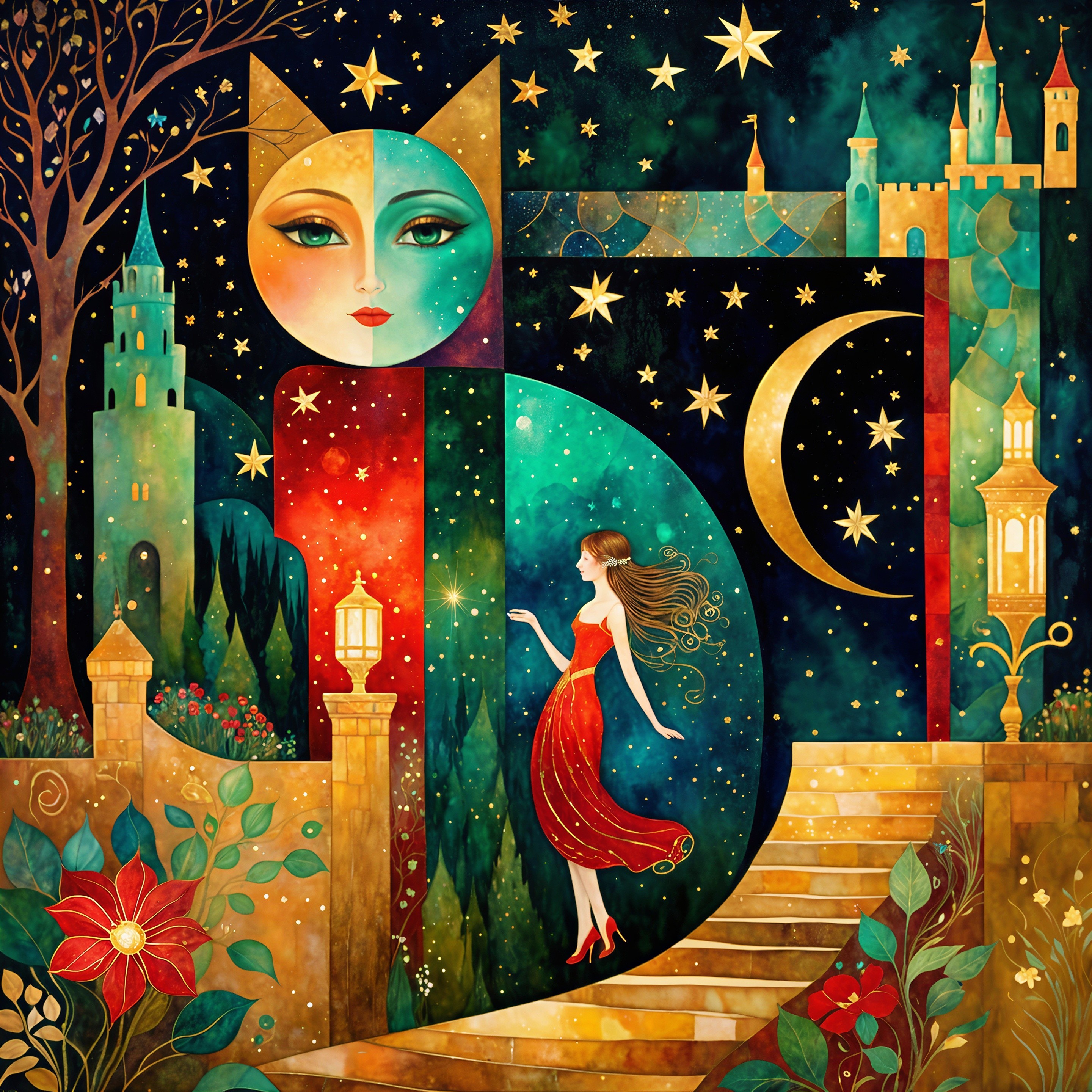 Whimsical Landscape with Woman and Stylized Cat