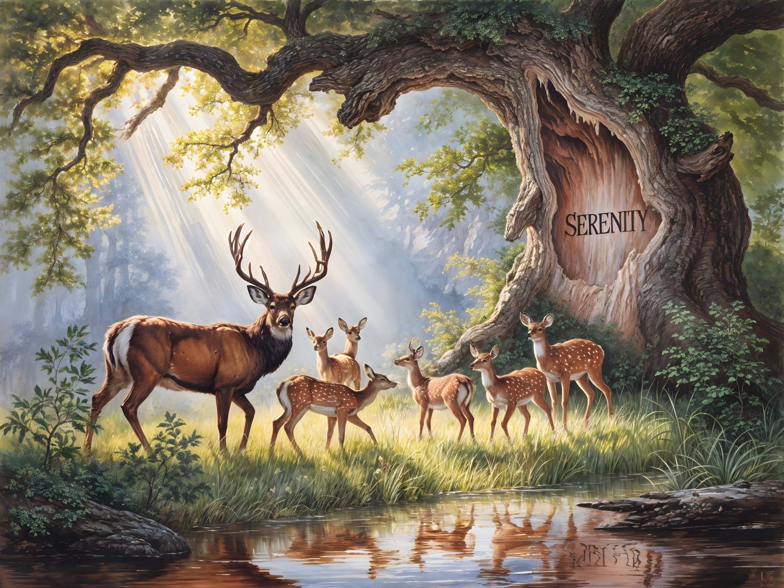 Majestic Stag and Fawns in a Serene Forest Scene