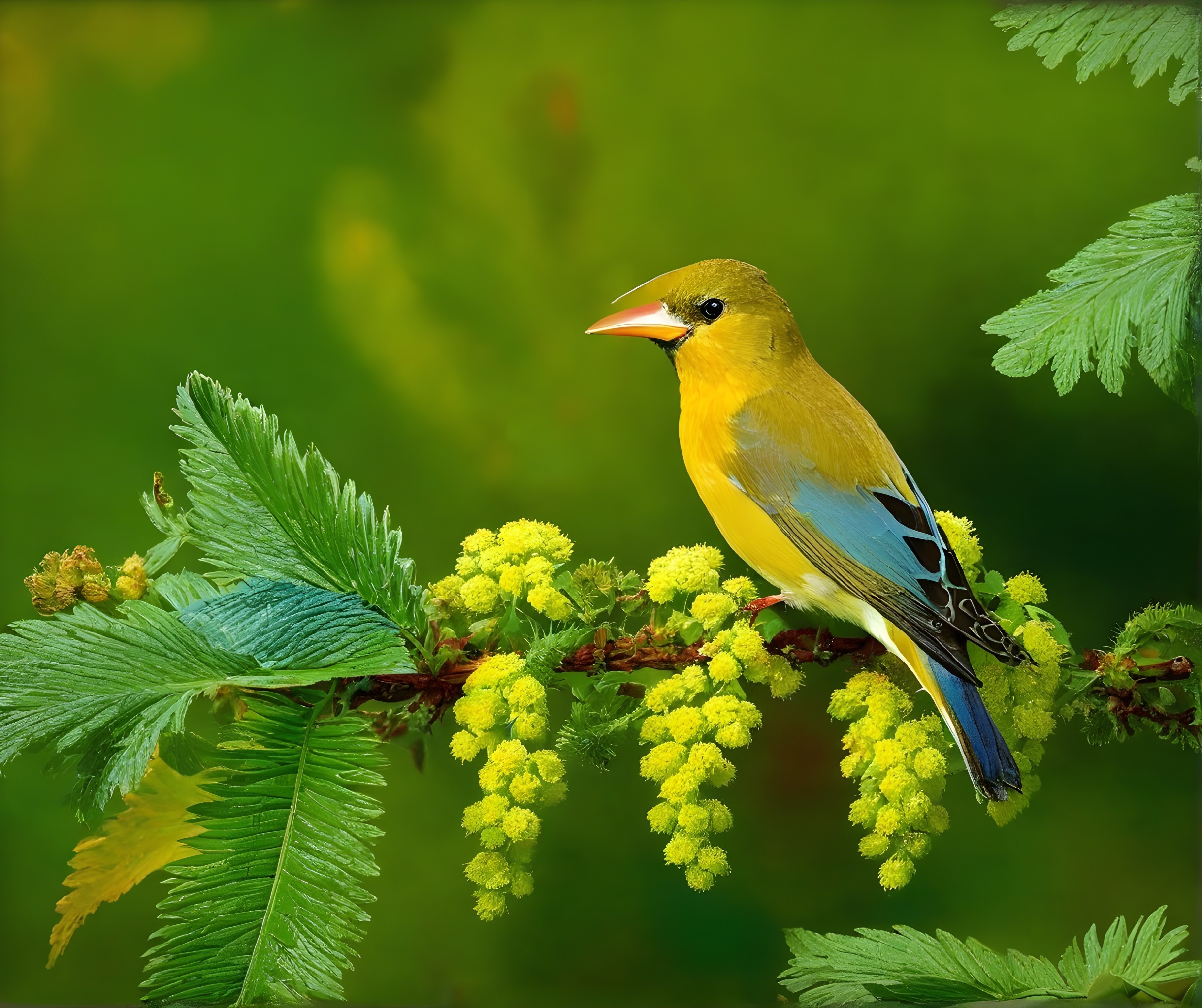 Vibrant Yellow Bird on Green Branch with Flowers