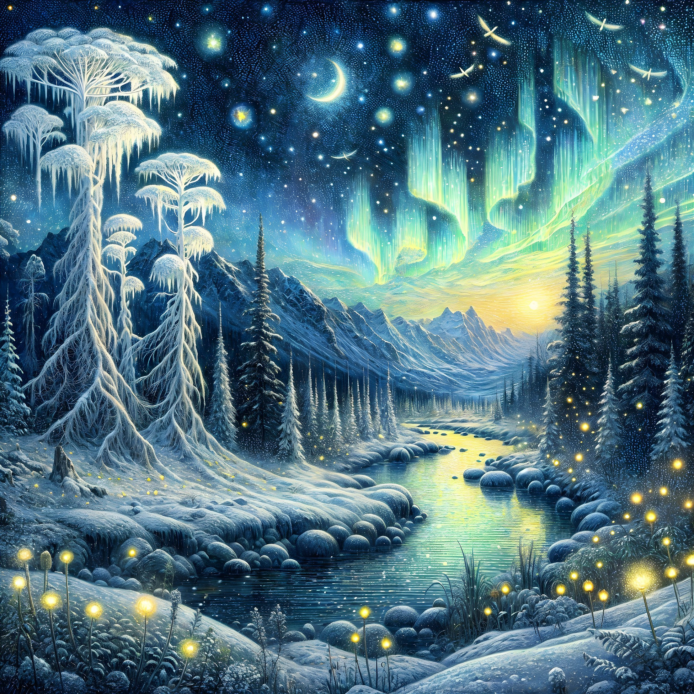 Winter Landscape with Icy Trees and Northern Lights