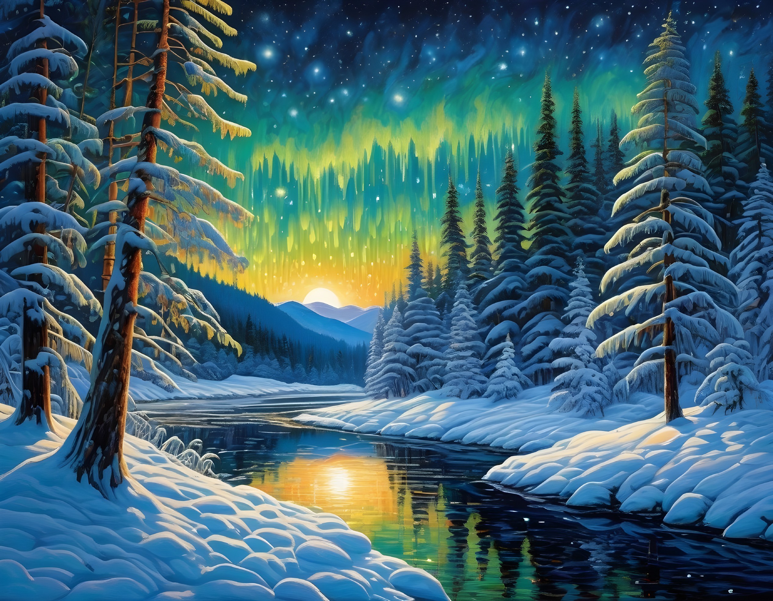 Snow-covered trees, moonlit river, aurora borealis: serene winter night landscape
