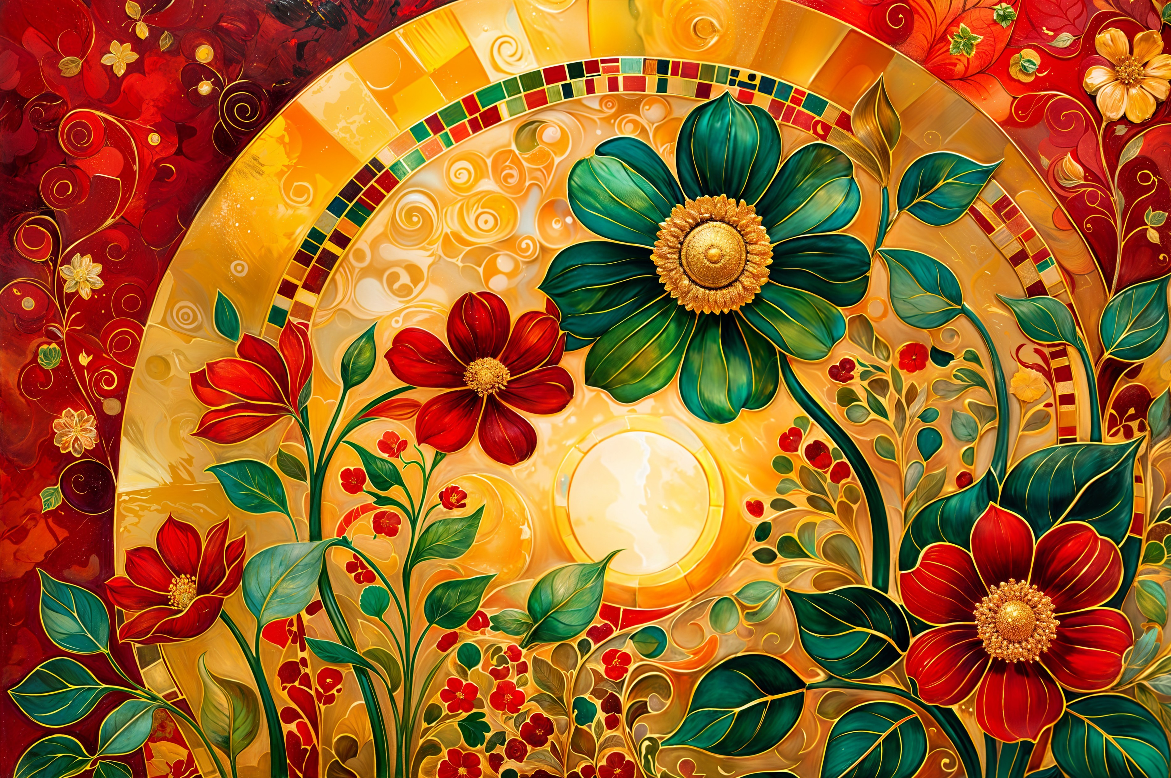 Vibrant Floral Artwork with Bold Colors and Patterns