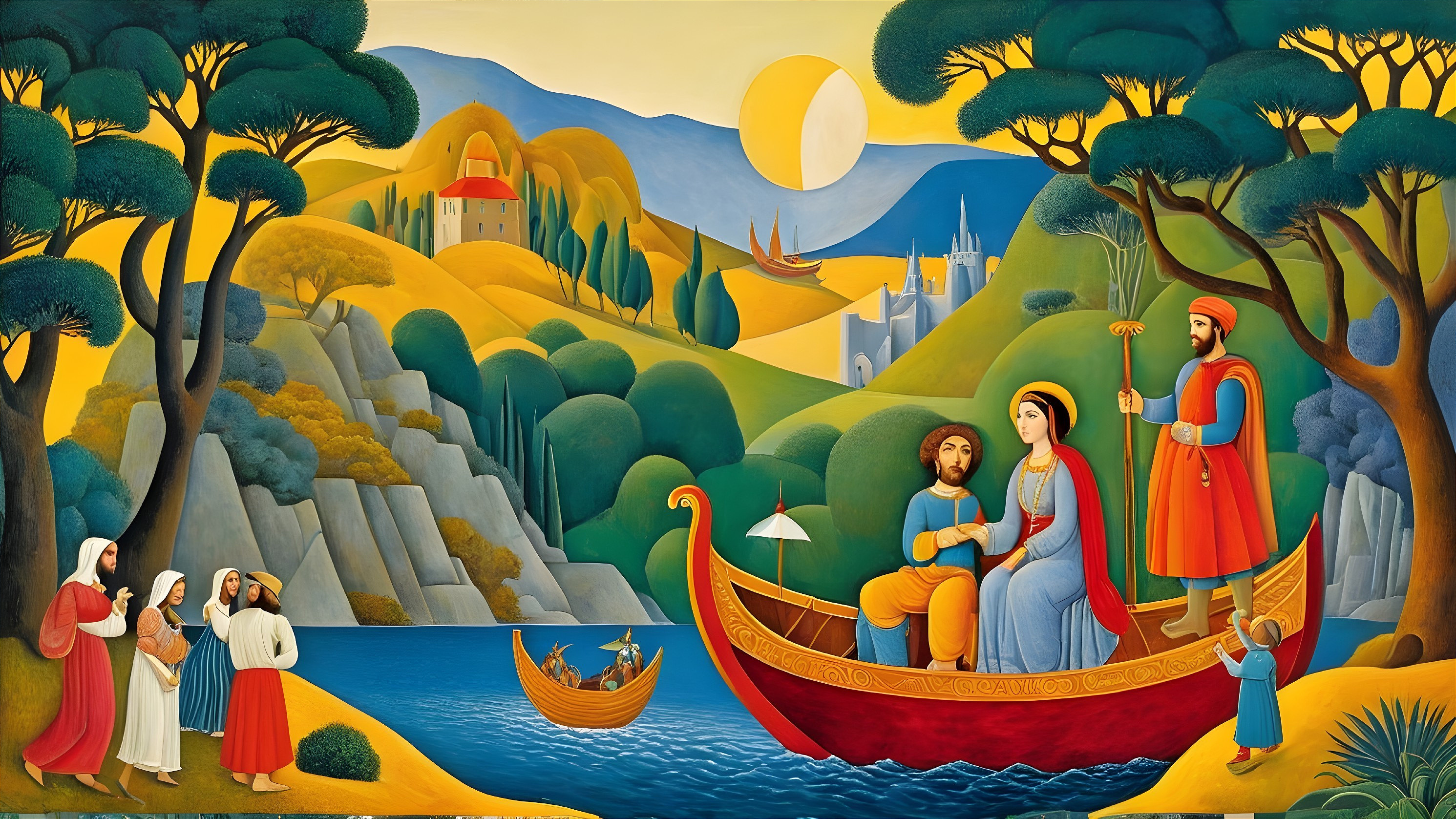Vibrant Landscape with Hills, River, and Village Scene