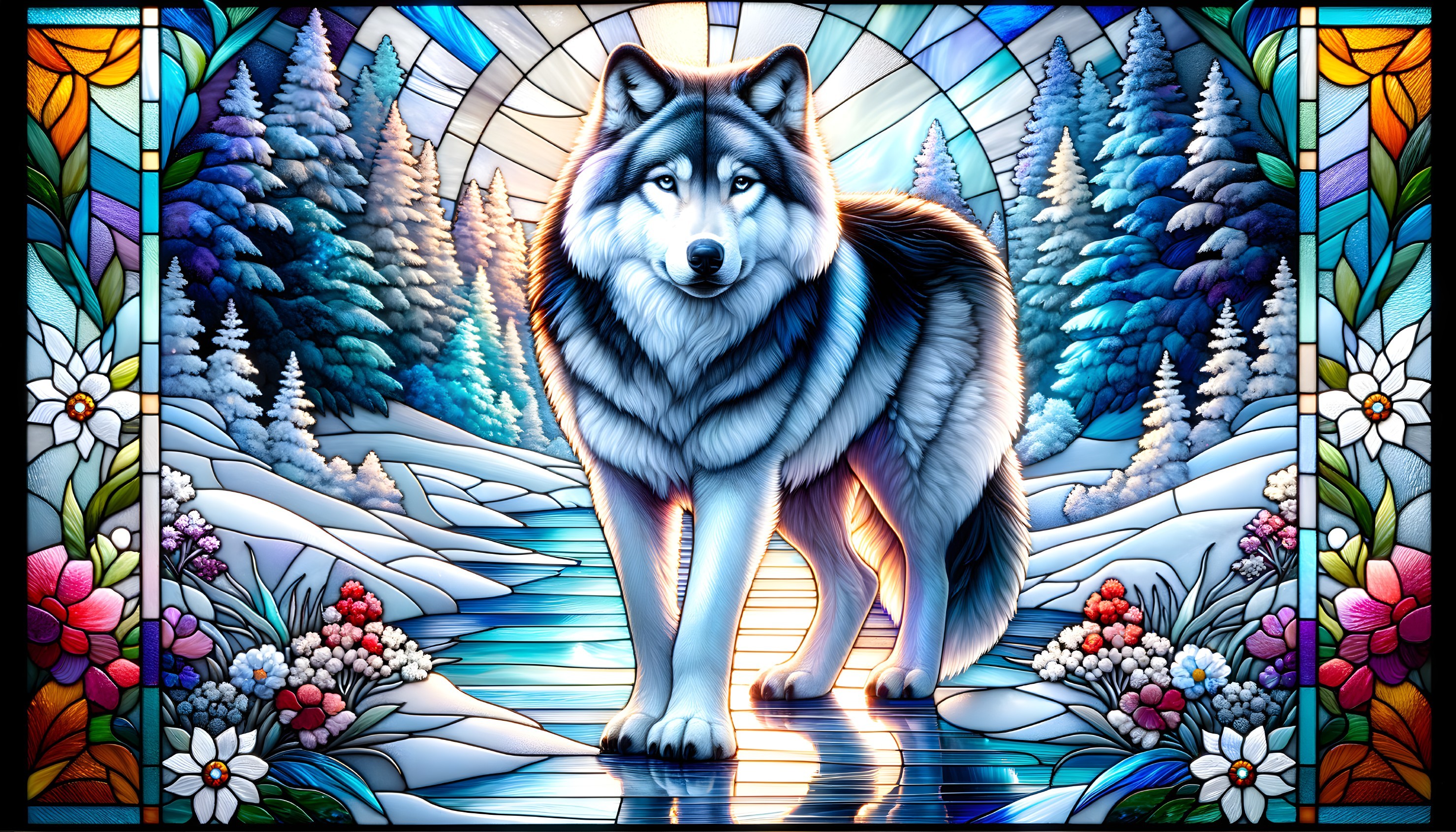 Colorful Stained Glass Wolf Art with Nature Theme