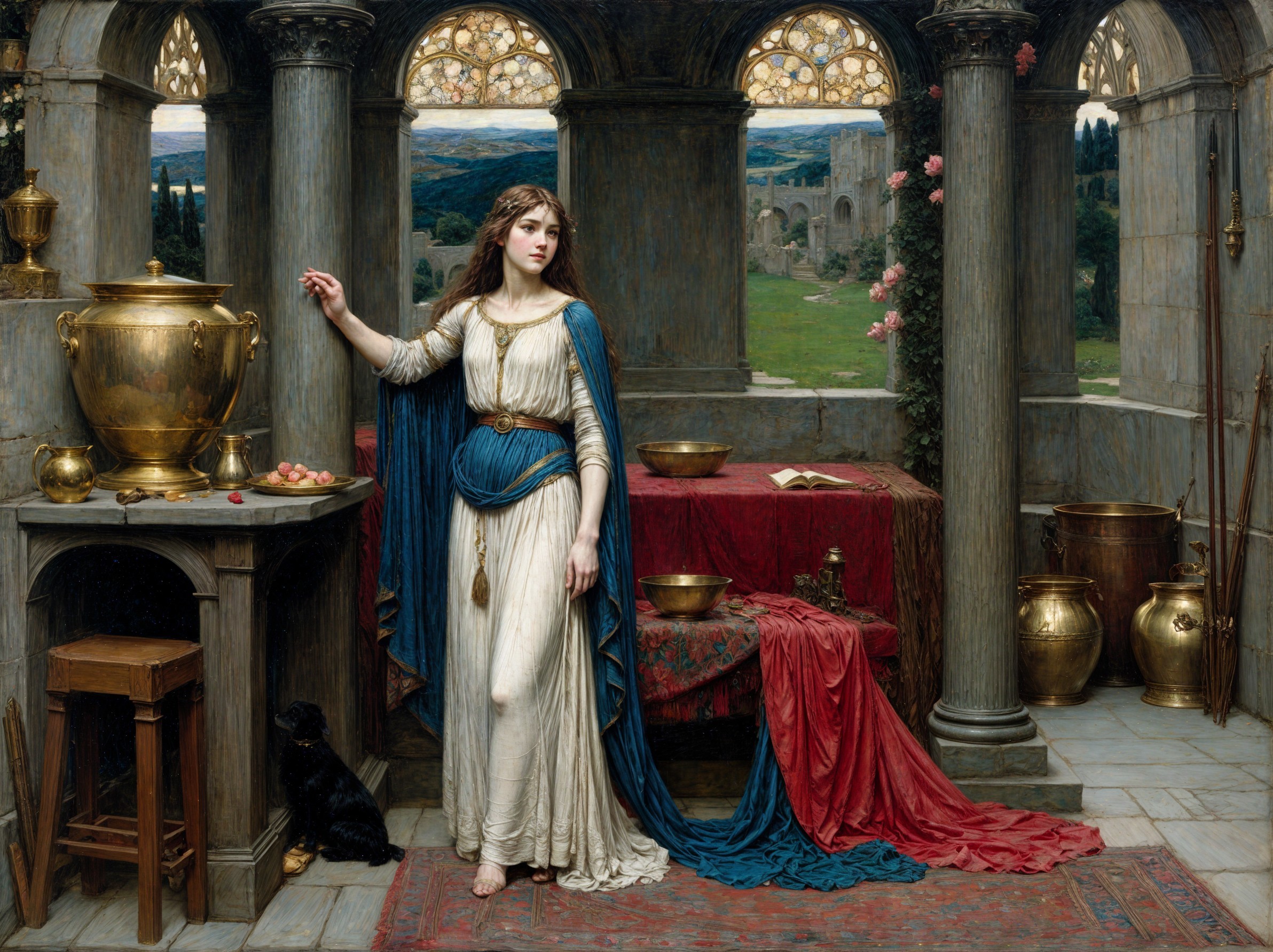 Woman in Grand Interior with Pomegranate and Dog