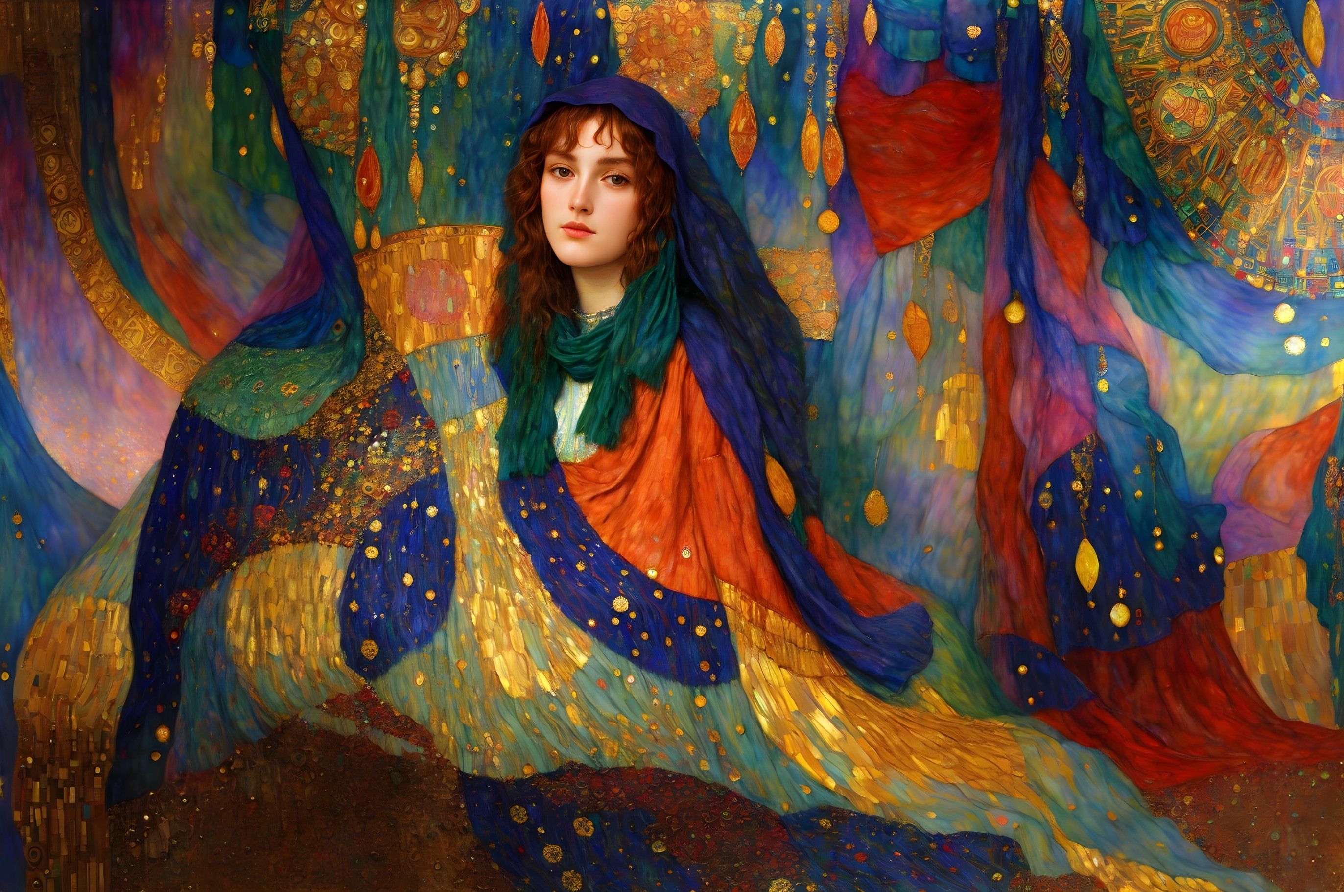 Serene woman with red hair in colorful tapestry setting