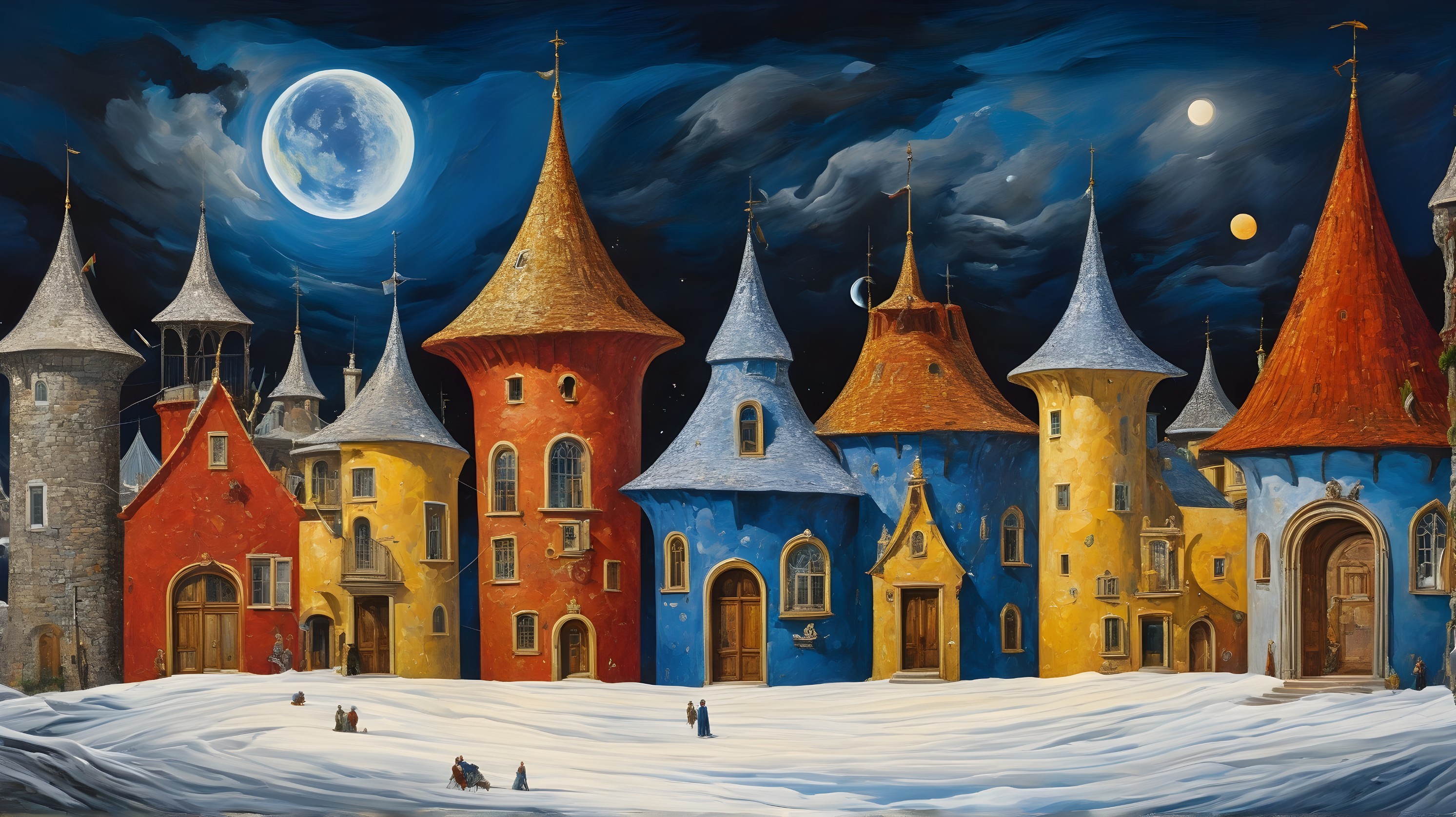 Vibrant medieval fantasy village at night with snowy streets
