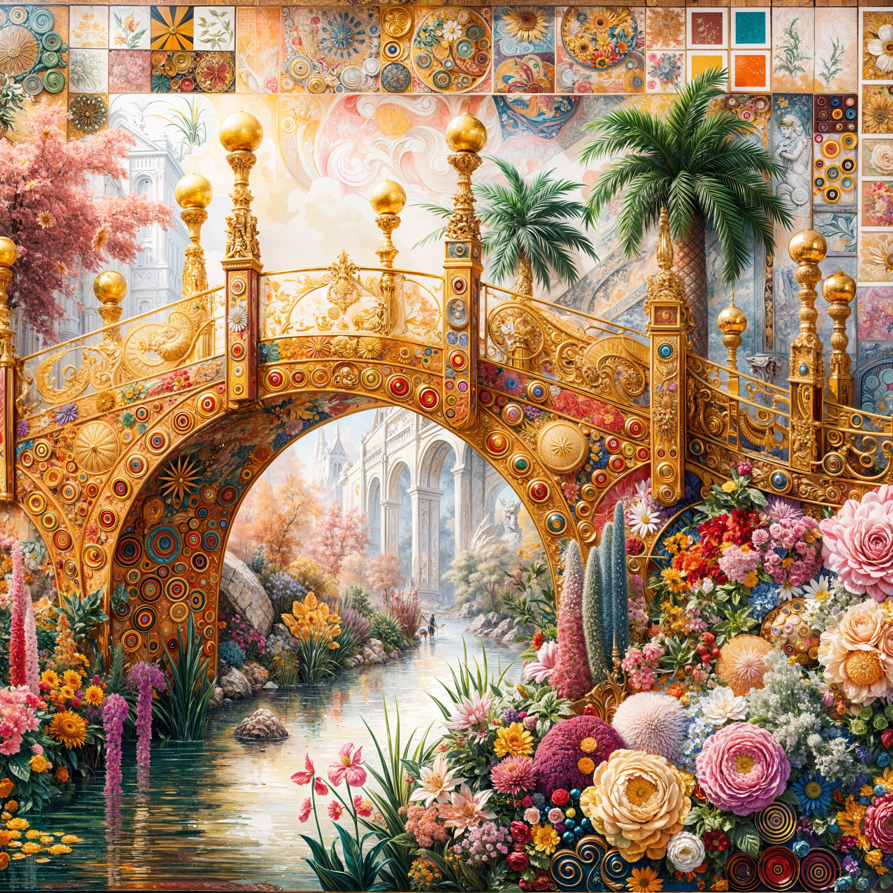 Vibrant Fantastical Landscape with Golden Bridge and Gardens