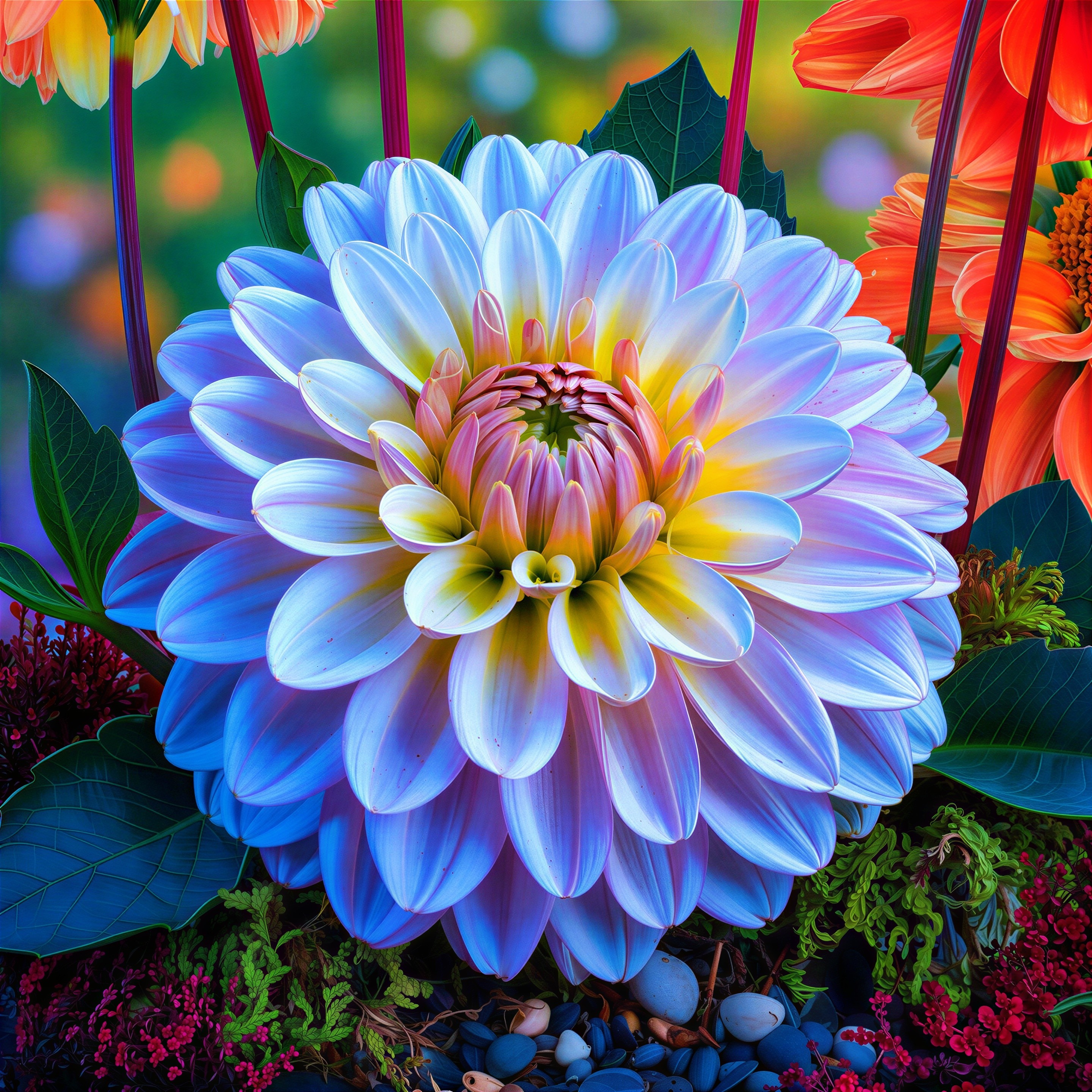 Macro Shot of Colorful Dahlia Flower and Surroundings