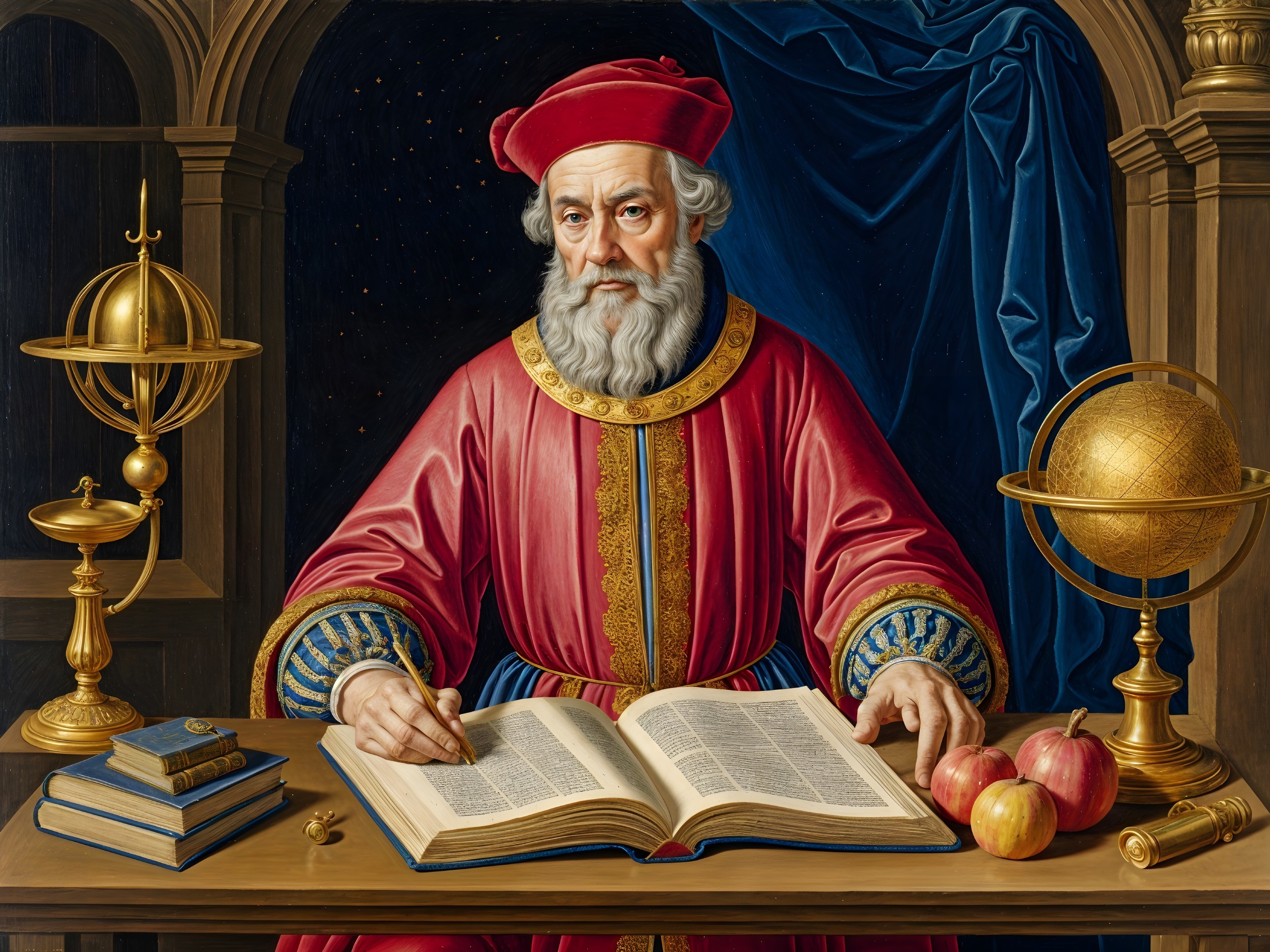 Scholar in Red Robe at Desk with Books and Globe