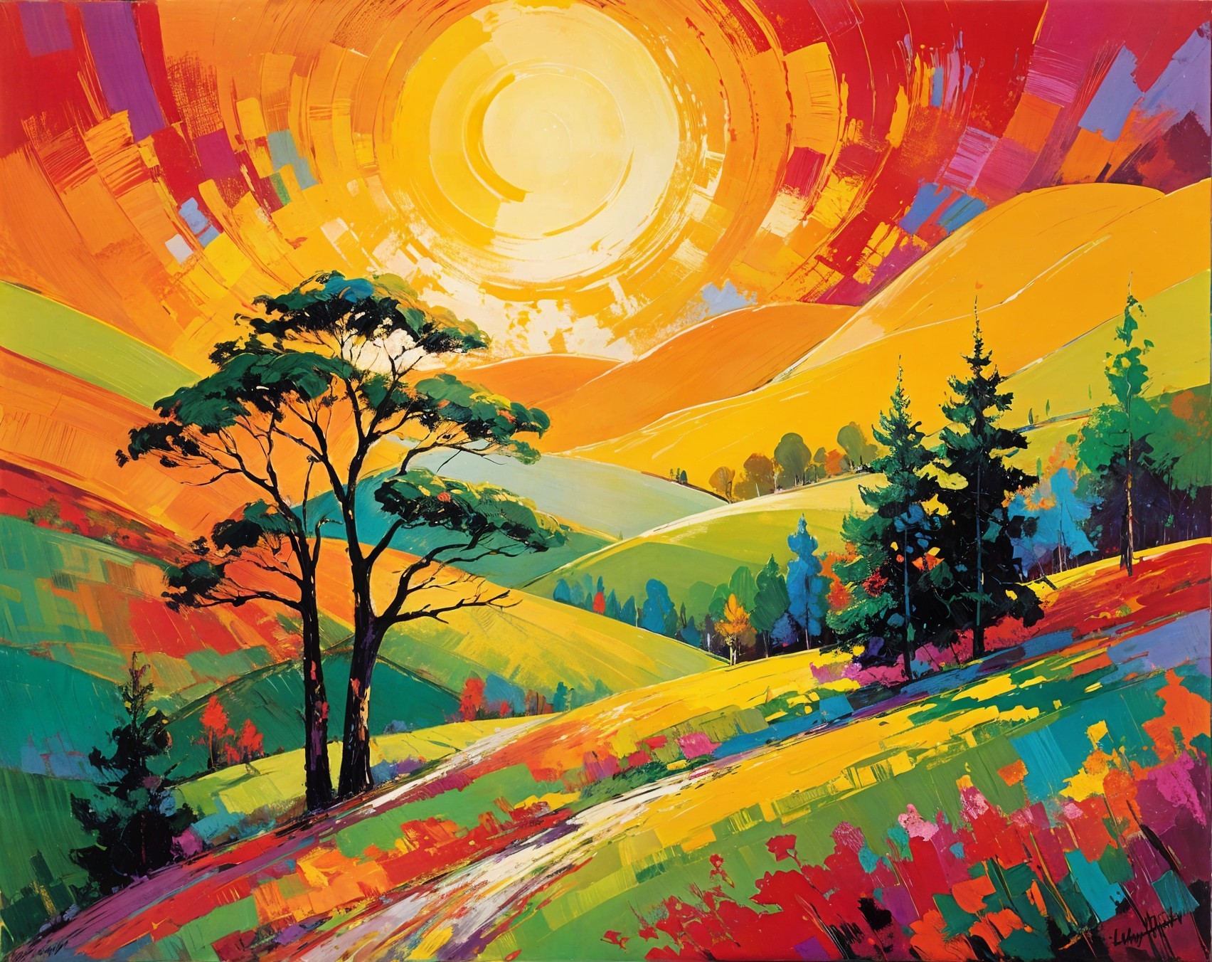 Vibrant Colorful Landscape with Rolling Hills and Trees