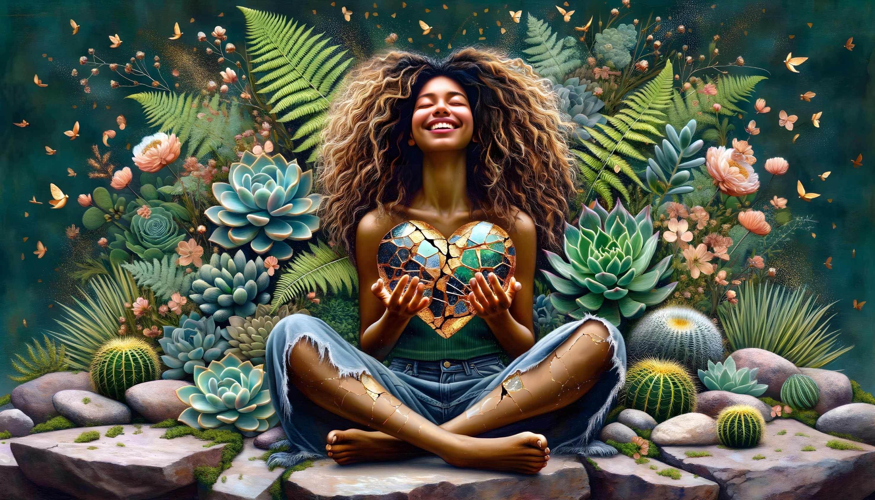 Joyful Woman with Heart-Shaped Object in Greenery