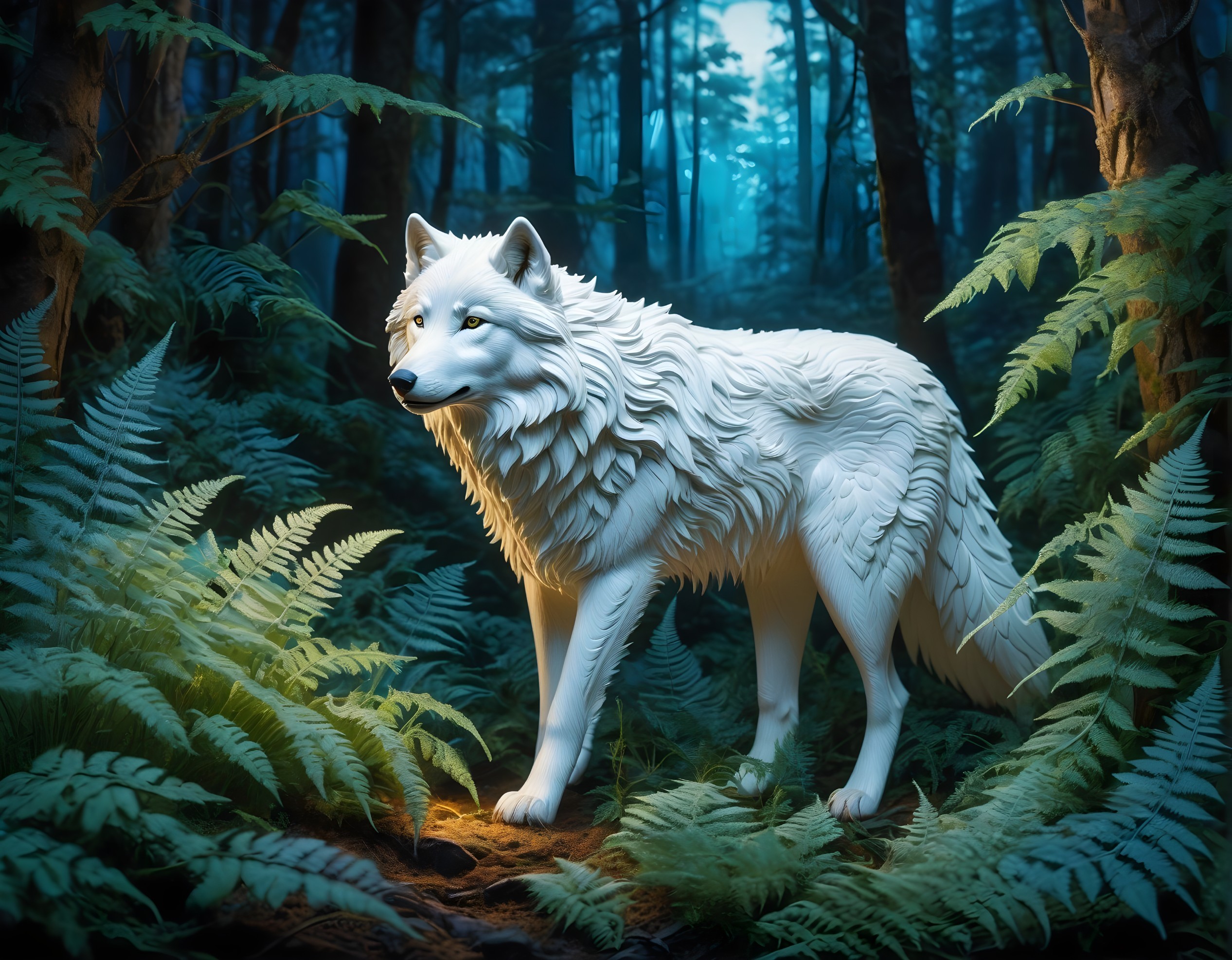 White wolf in mystical forest with blue light and ferns