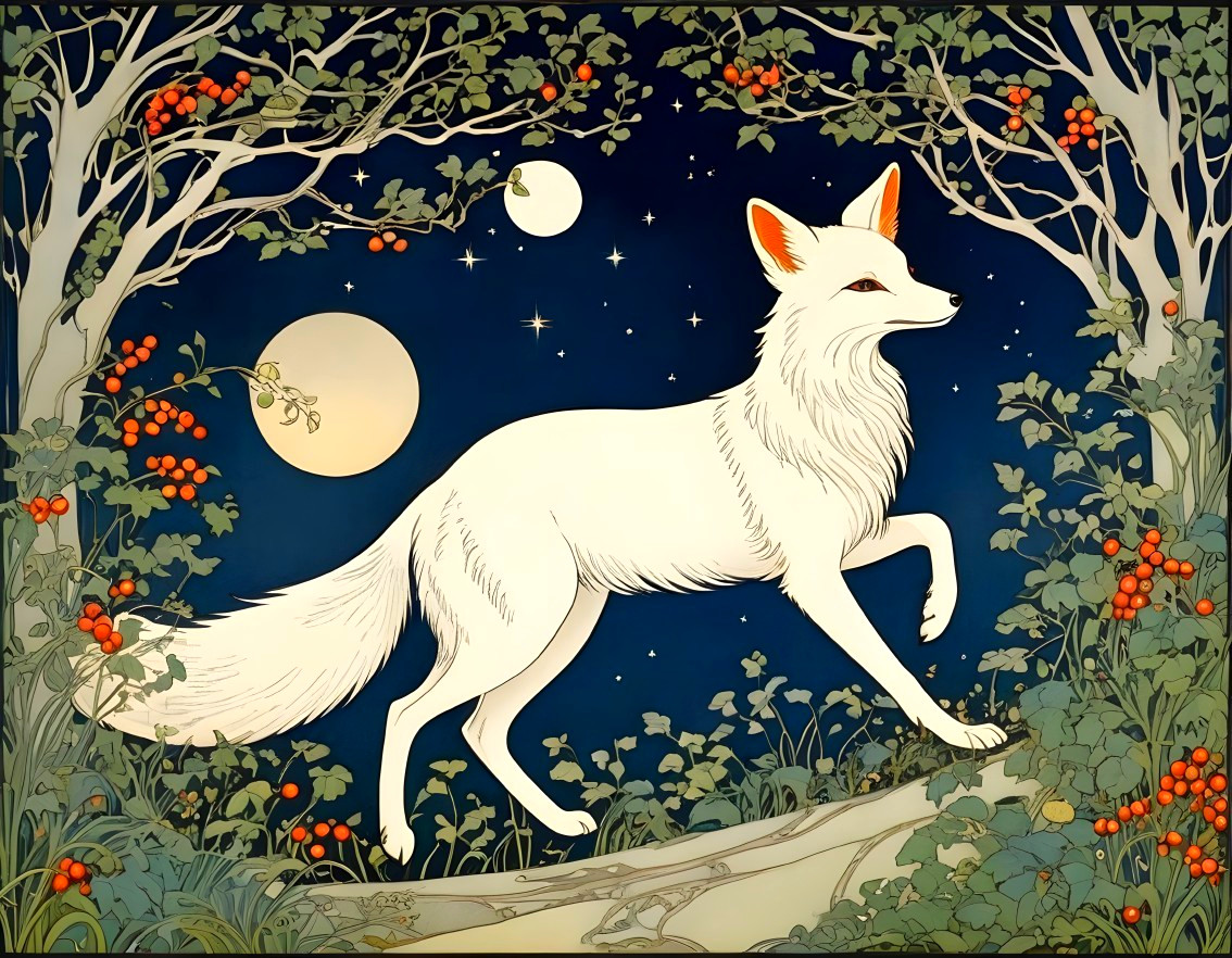 Illustration of a white fox under a starry sky