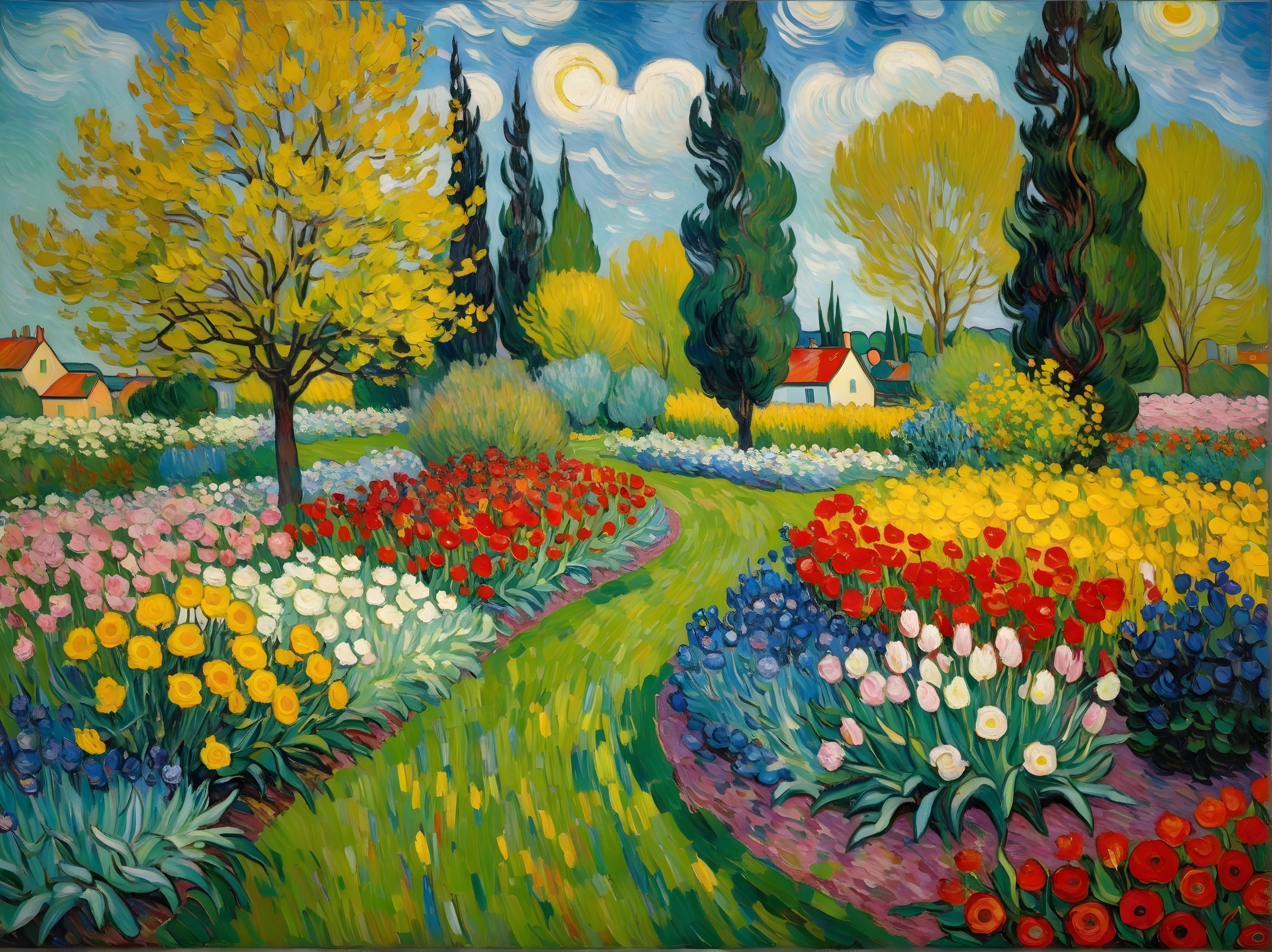 Vibrant Garden Landscape with Colorful Flowers and Sky
