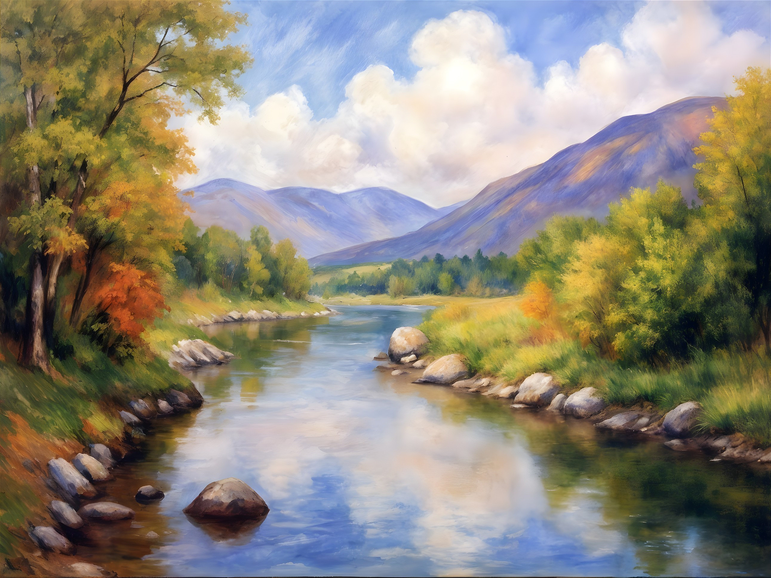 Tranquil River Landscape with Autumn Colors and Mountains