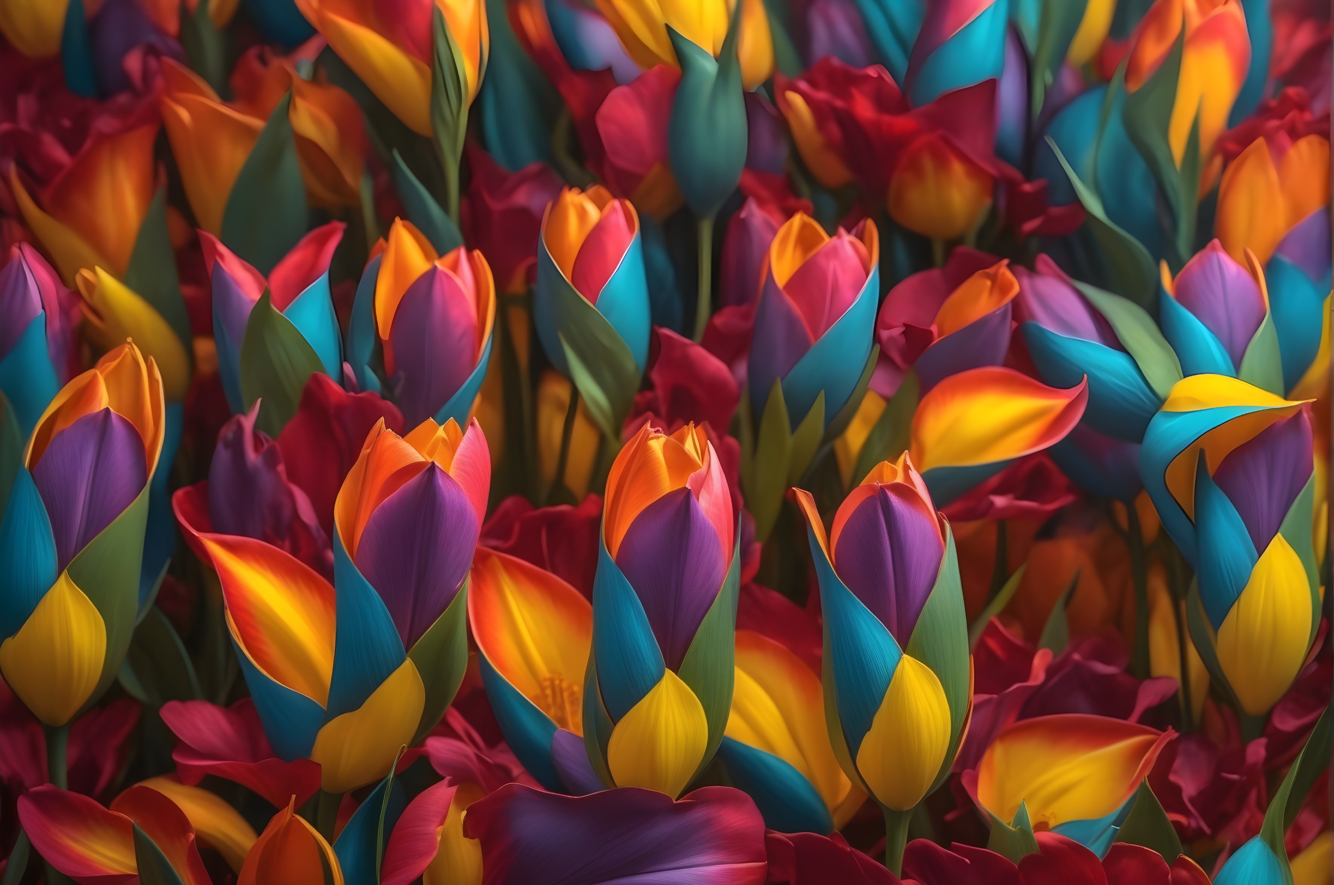 Multicolored tulips in a dense arrangement with soft floral backdrop