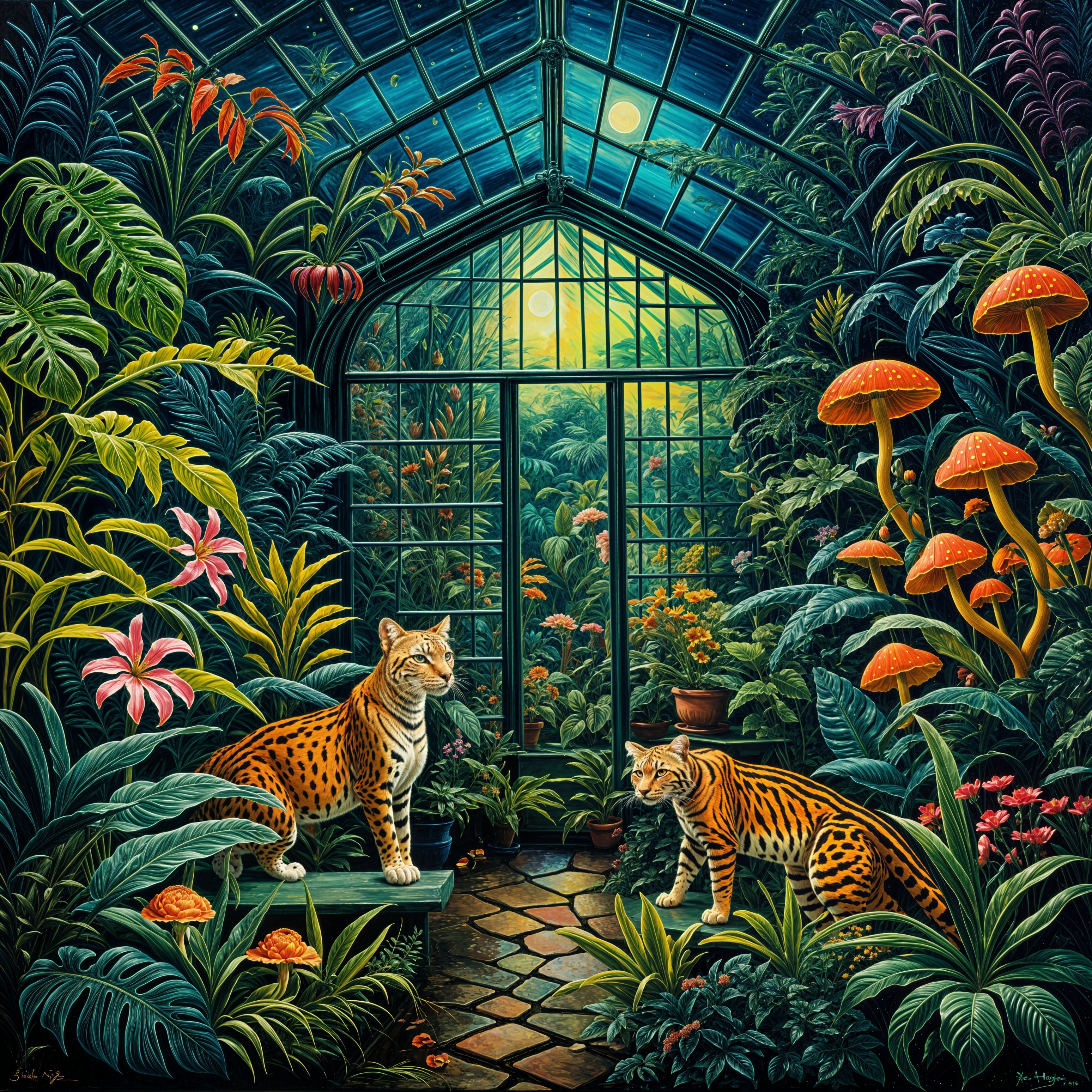 Vibrant Greenhouse with Leopards and Exotic Plants