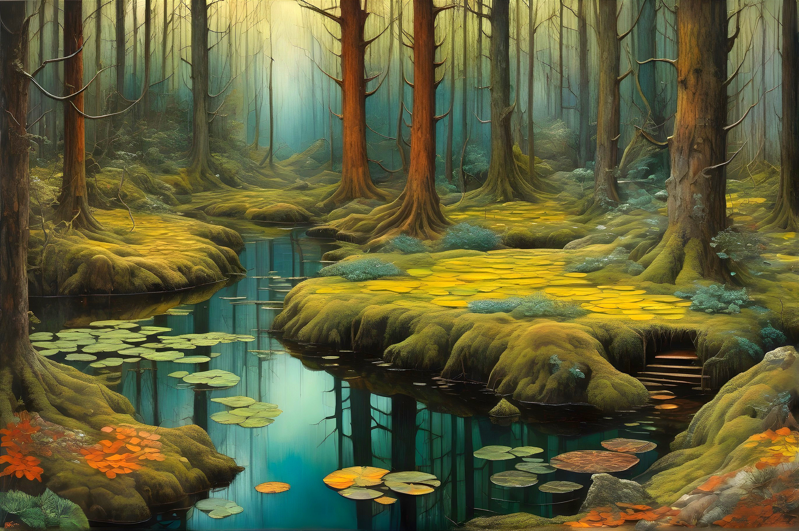 Serene Forest Scene with Trees and Tranquil Pond