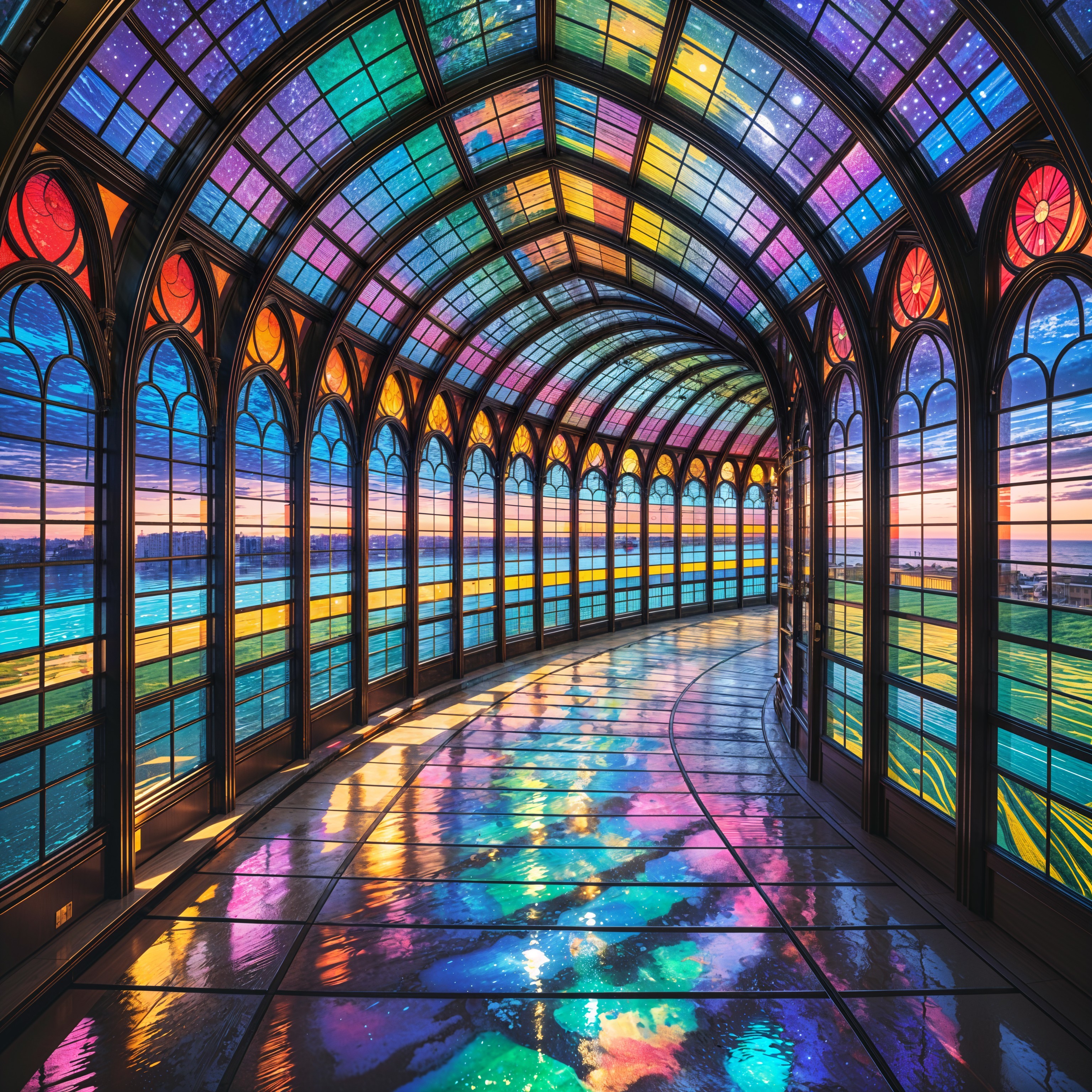 Vibrant Hall with Stained Glass and Elegant Architecture